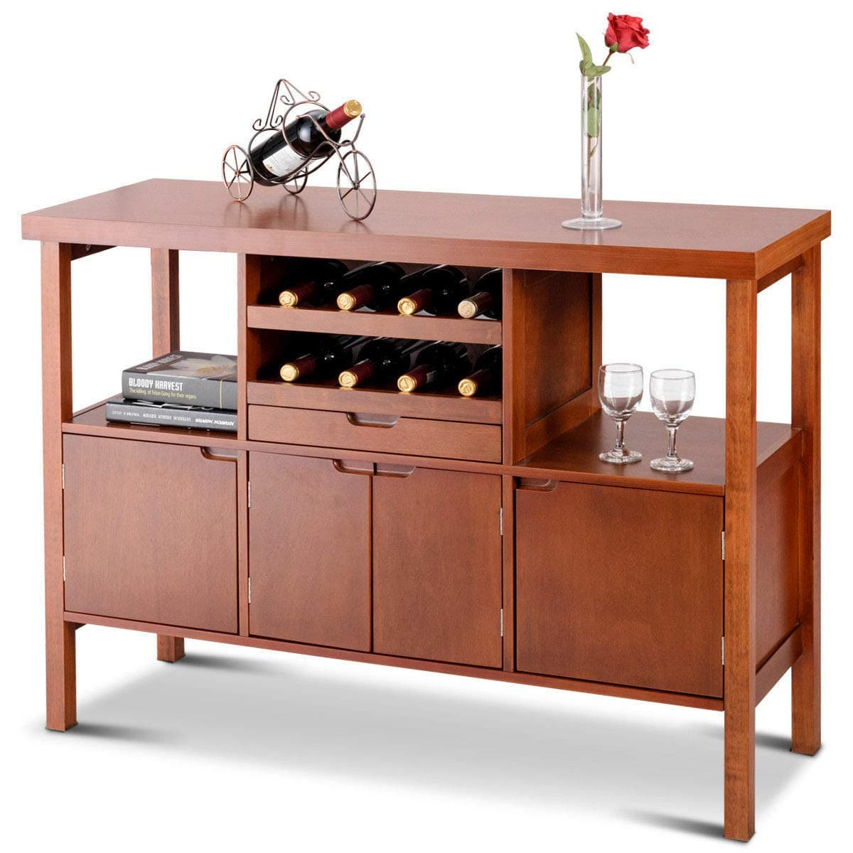 AK Energy Brown Buffet Cupboard Table Storage Cabinet Dining Sideboard 8 Wine Bottle Rack Bar 2 Side Open Shelf