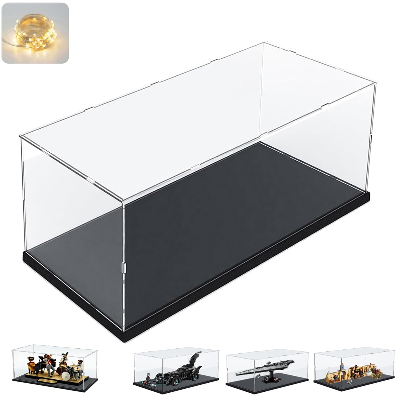 Thickened Clear Acrylic Display Case with Wood-Plastic Base for Lego Toys Collectibles Figures Transparent Box Protection, Black 17.7x7.9x7.9in