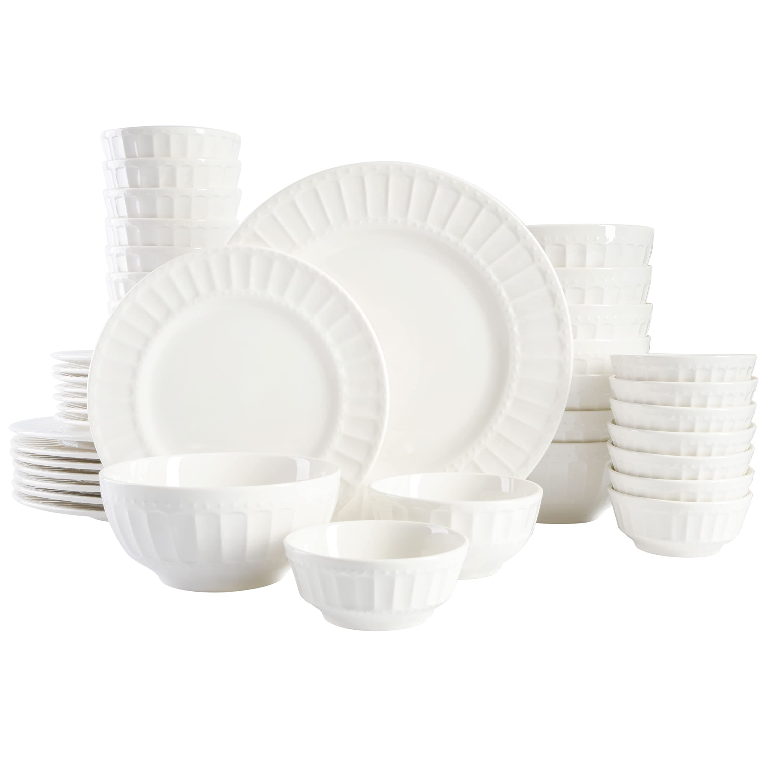 Gibson Home Zen Buffet Porcelain Ceramic Dinnerware Sets for 8, Plates and Bowls Set (40pcs), White Embossed Dishes