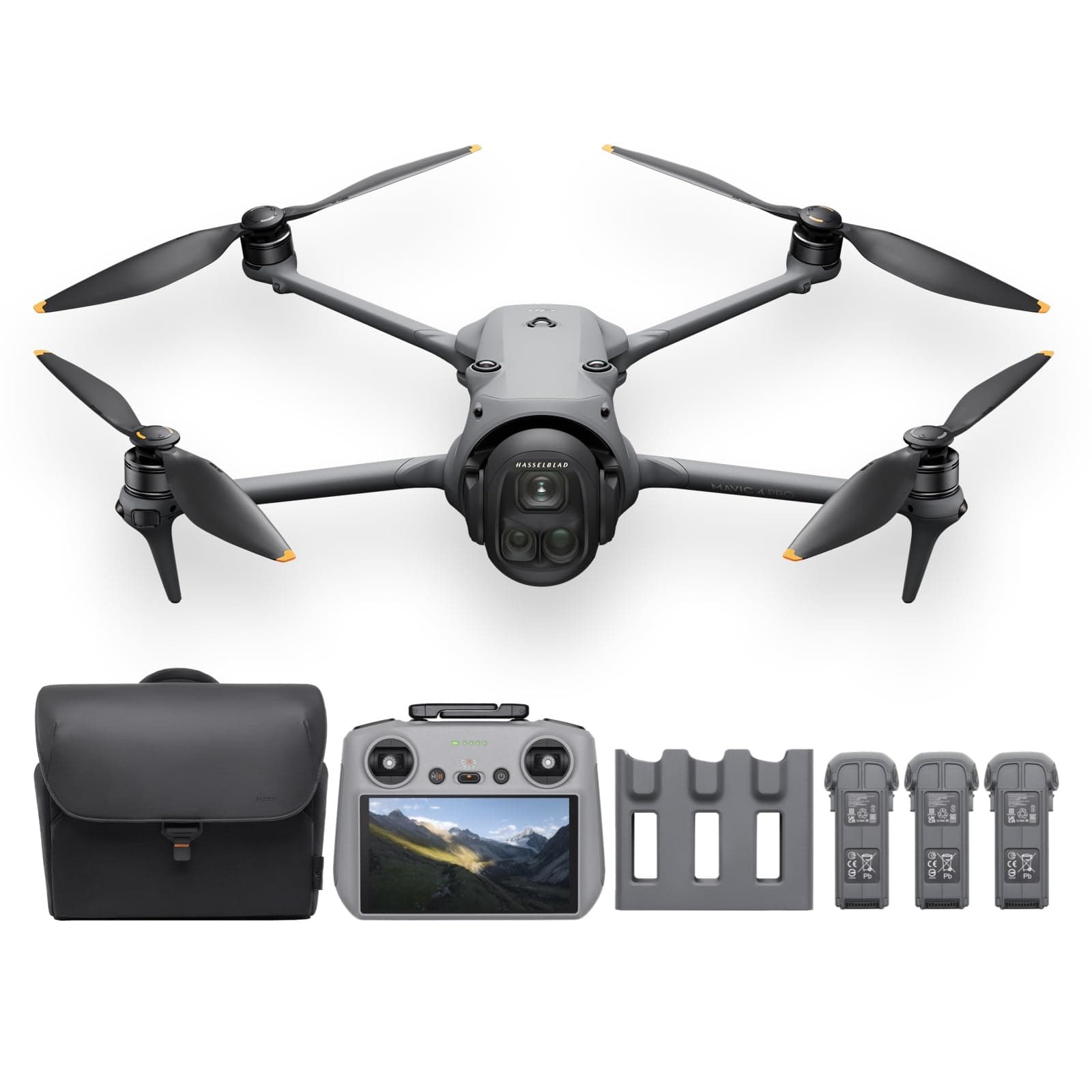 - Mavic 4 Pro Drone Fly More Combo (DJI RC 2 Included) 100 Million Pixels 4/3 CMOS Hasselblade Camera, 3 Camera Drones with Video Transmission Distance, Up to 51 Minutes Flight Time, 3 Batteries, Charging Hub