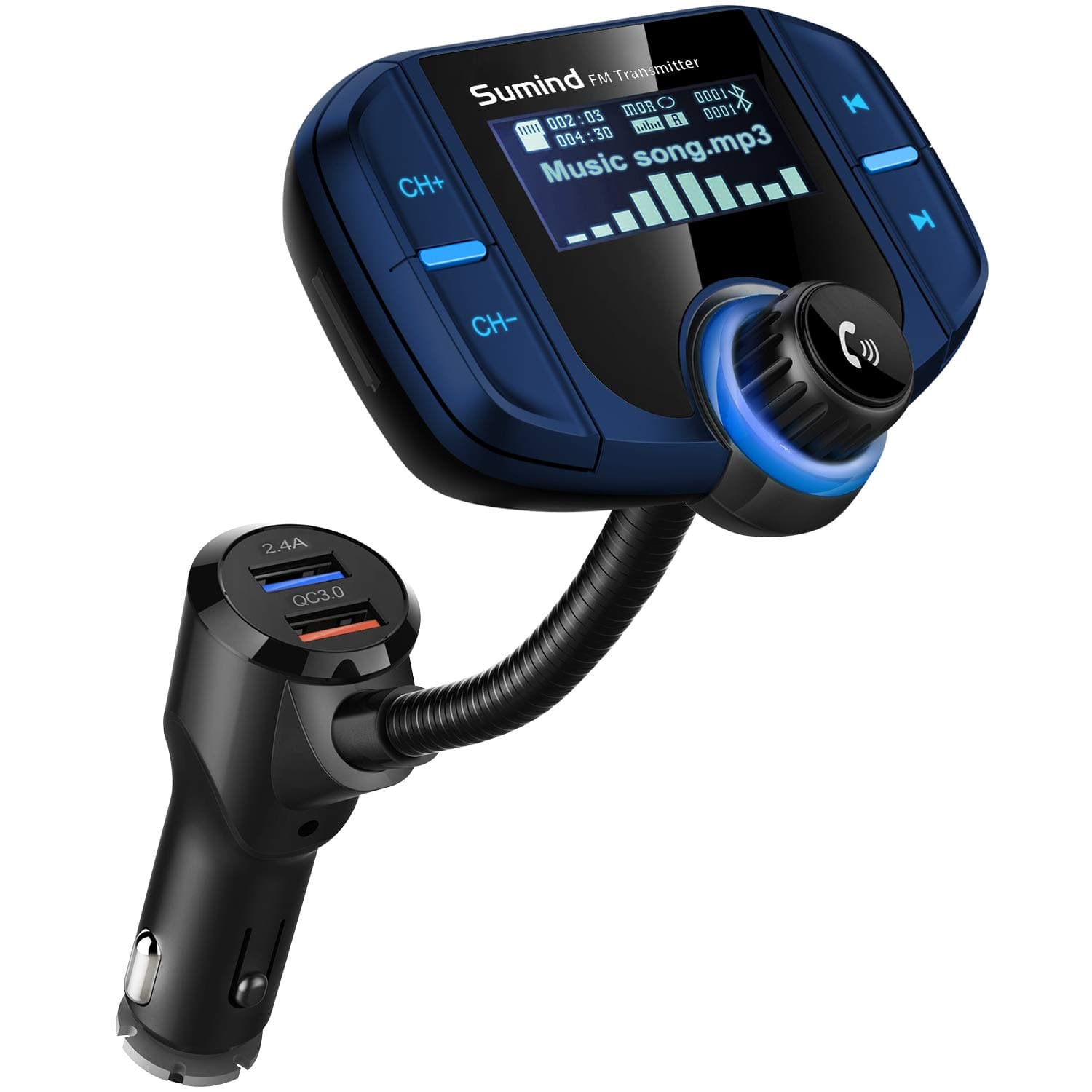 Sumind 2026 Upgraded Wireless Bluetooth Car Adapter FM Transmitter, 1.7'' LCD Display, Flexible Gooseneck, 20W QC3.0&Dual USB Ports, AUX Input/Output for Hands-Free Call, Micro/TF Card(Blue,Normal)