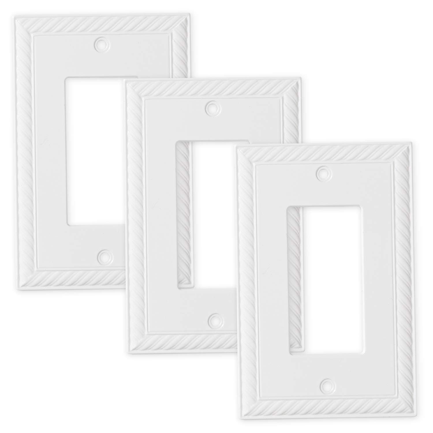 QuestechDecor Single Rocker Light Switch Cover, 1-Gang Electrical Wall Plate, Single Switch Decorator Standard Size GFCI Receptacle Cover, Decorative Rope Edge, Bright White Polished, 3 Pack