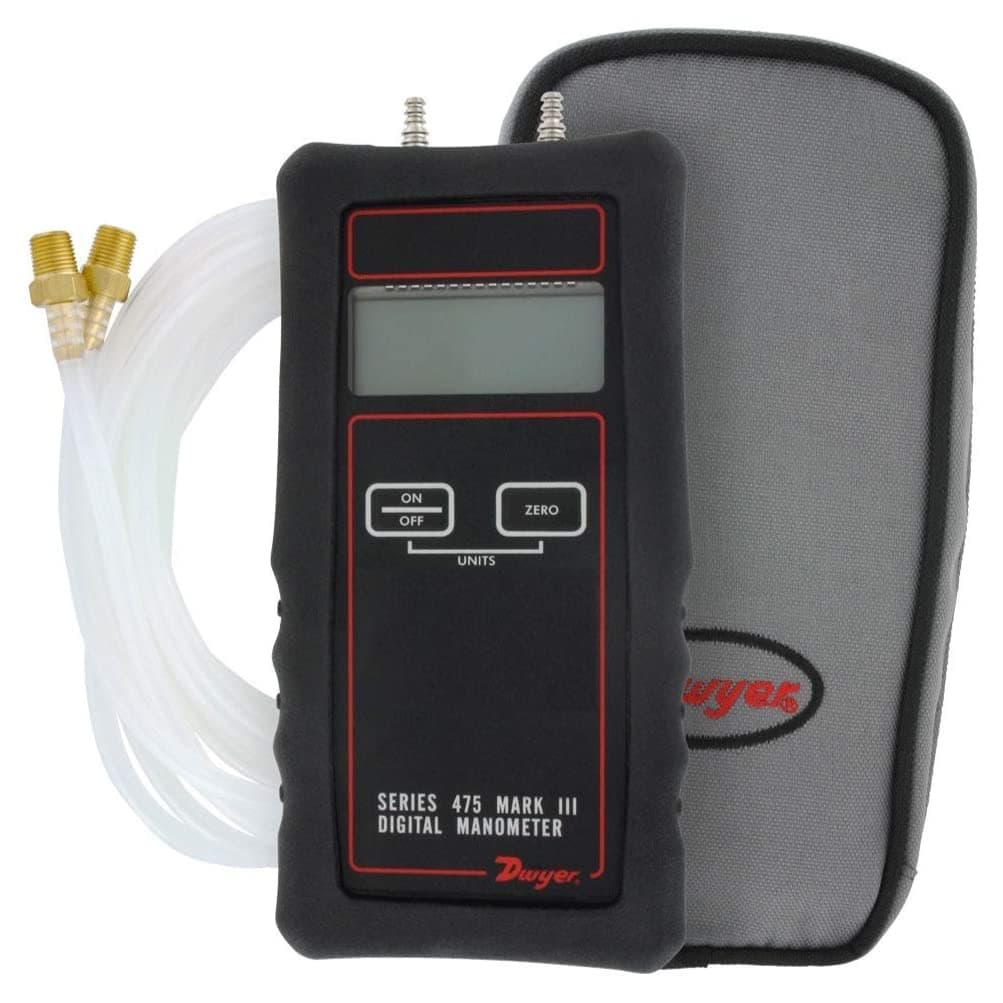 Dwyer® Handheld Digital Manometer, 475-3-FM-BK, Dual Range 0-199.9" WC & 0-49.7 KPA with Boot Kit, Hose Barb Adapters, Clear Vinyl Tubing, and Carrying Case