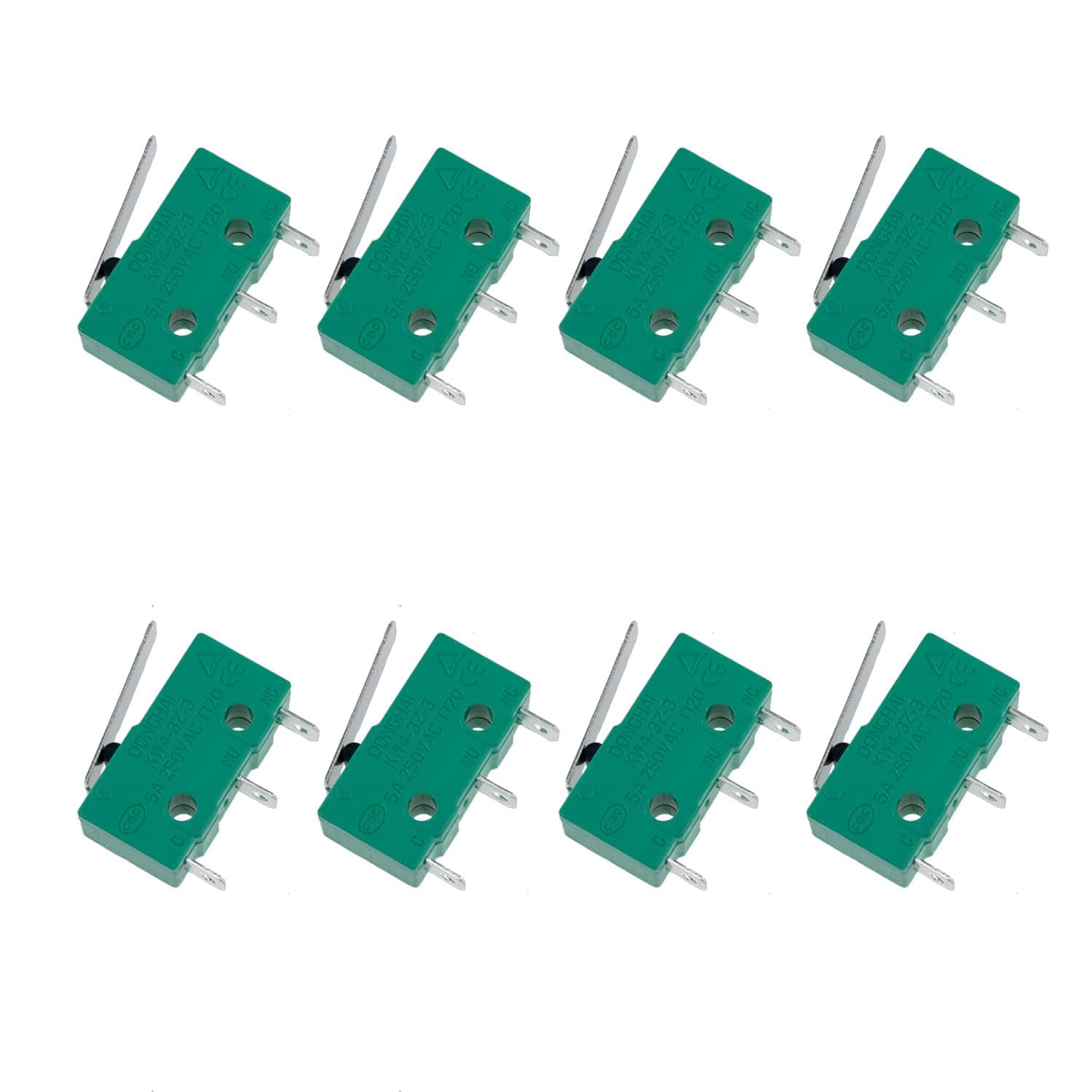 KW4-3Z-3 Micro Limit Switch Short Straight Hinge Lever arm Micro Switch 3 Terminal instantaneous Short Straight Rod Type is Suitable for Machine Numerical Control (Green) -8pcs