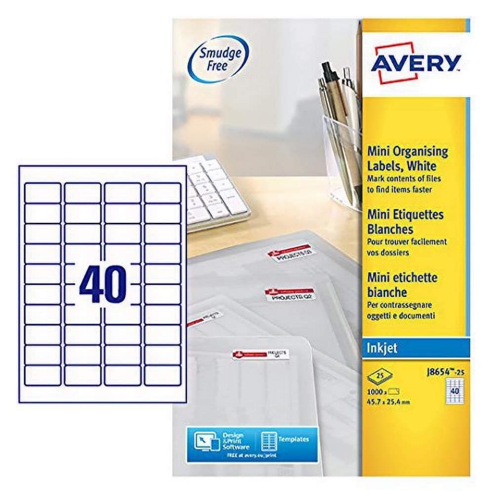 Quickdry, Printable, Mini Address Labels, Customisable, 45.7 x 25.4 mm, White, 40 Labels per Sheet, 1000 Blank Labels per Pack (J8654-25)