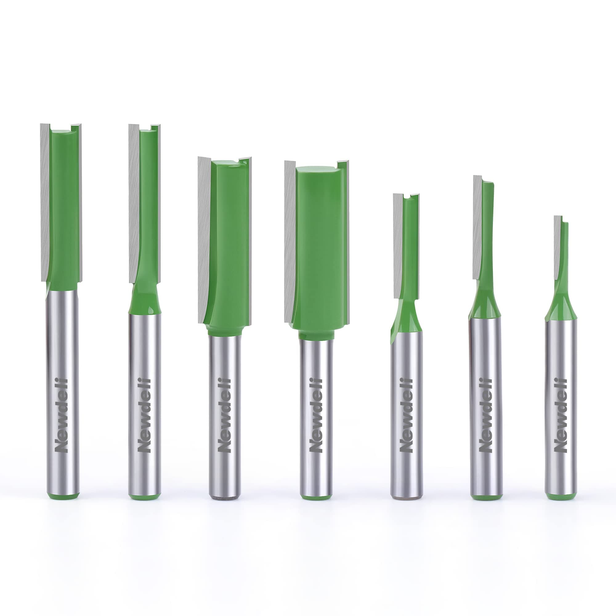 Straight Cut Router Bits 1/4" Shank, Newedli 7Pcs Double&Single Flute Straight Dado Router Bit Set, 1/8",5/32",1/5",1/4",5/16",3/8",1/2" Cutting Diameter Trimming Cutter for Woodworking