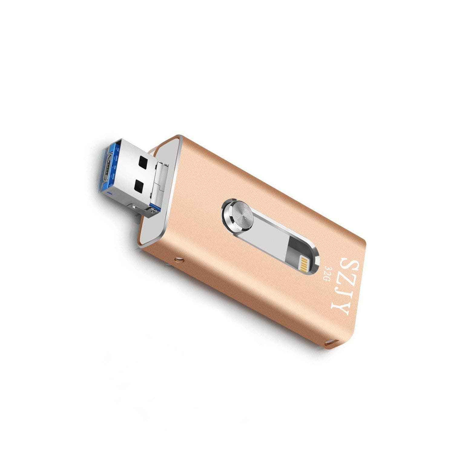 32GB USB iPhone Flash Drive - USB, Micr USB and Lightning connector(3 in 1) for iPhone iPad IOS Andriod and PC- (Gold)