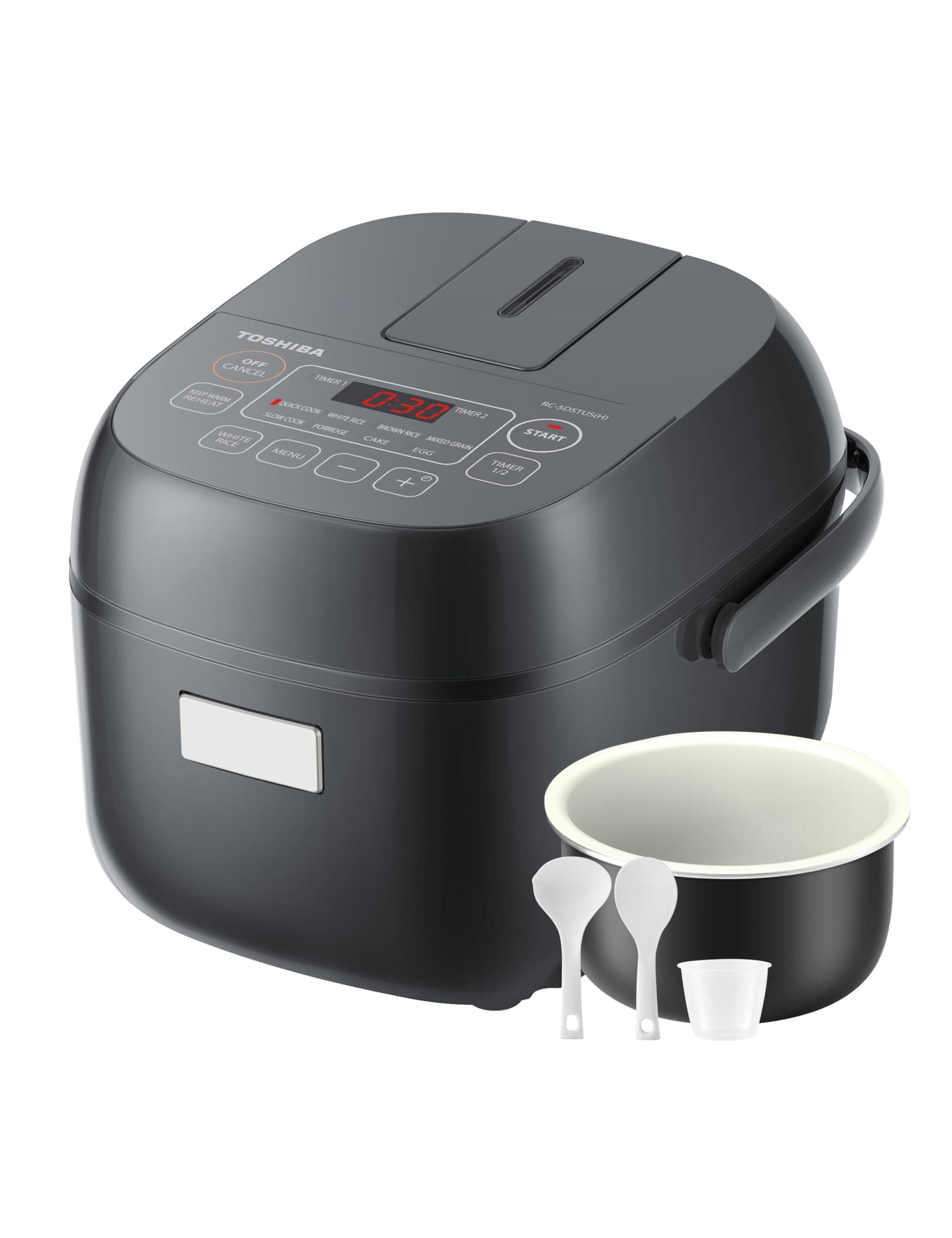 Rice Cooker Small 3-Cup Uncooked– LCD Display with 8 Cooking Functions: Rice, Oatmeal, Mixed Grains and More, NonStick Inner Pot, Grey