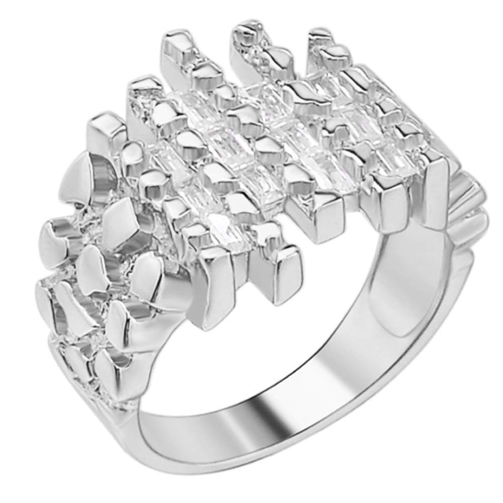 Real Solid 925 Sterling Silver Mens Nugget Ring - Hip Hop Ring Iced With Micropave Baguette Cz - Very Unique Design Nice As Pinky Ring Or On Any Finger