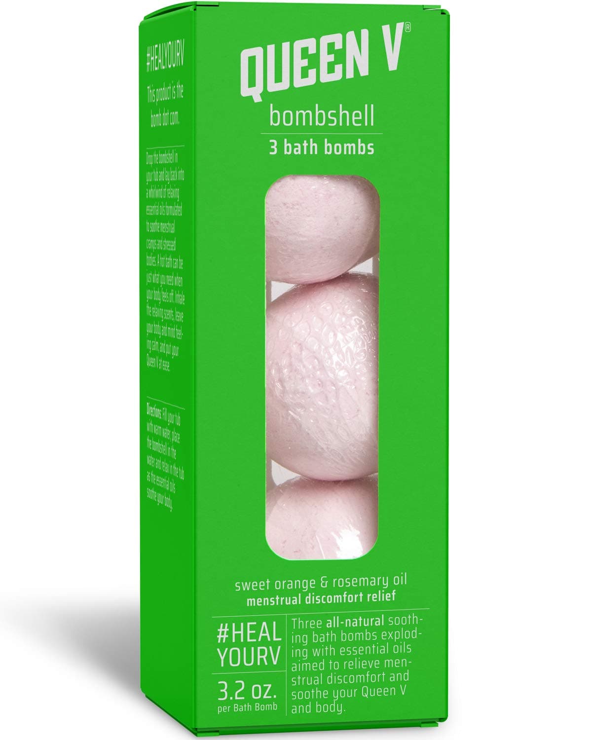 Queen V Bombshell Bath Bombs | pH Balanced | Menstrual Cramp Relief | Sweet Orange and Rosemary Oil | Fragrance Free | 3 Pack