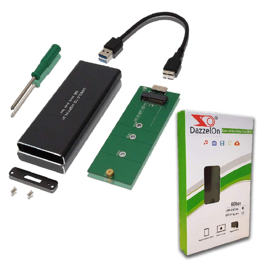 DazzelOn™ M.2 M2 NGFF Portable SSD Enclosure USB 3.0 Case, SATA Based Solid State Disk Reader Adapter Converter External SSD Adapter 5Gbps Support UASP for 2230, 2242, 2260, 2280 (Does not support NVMe)