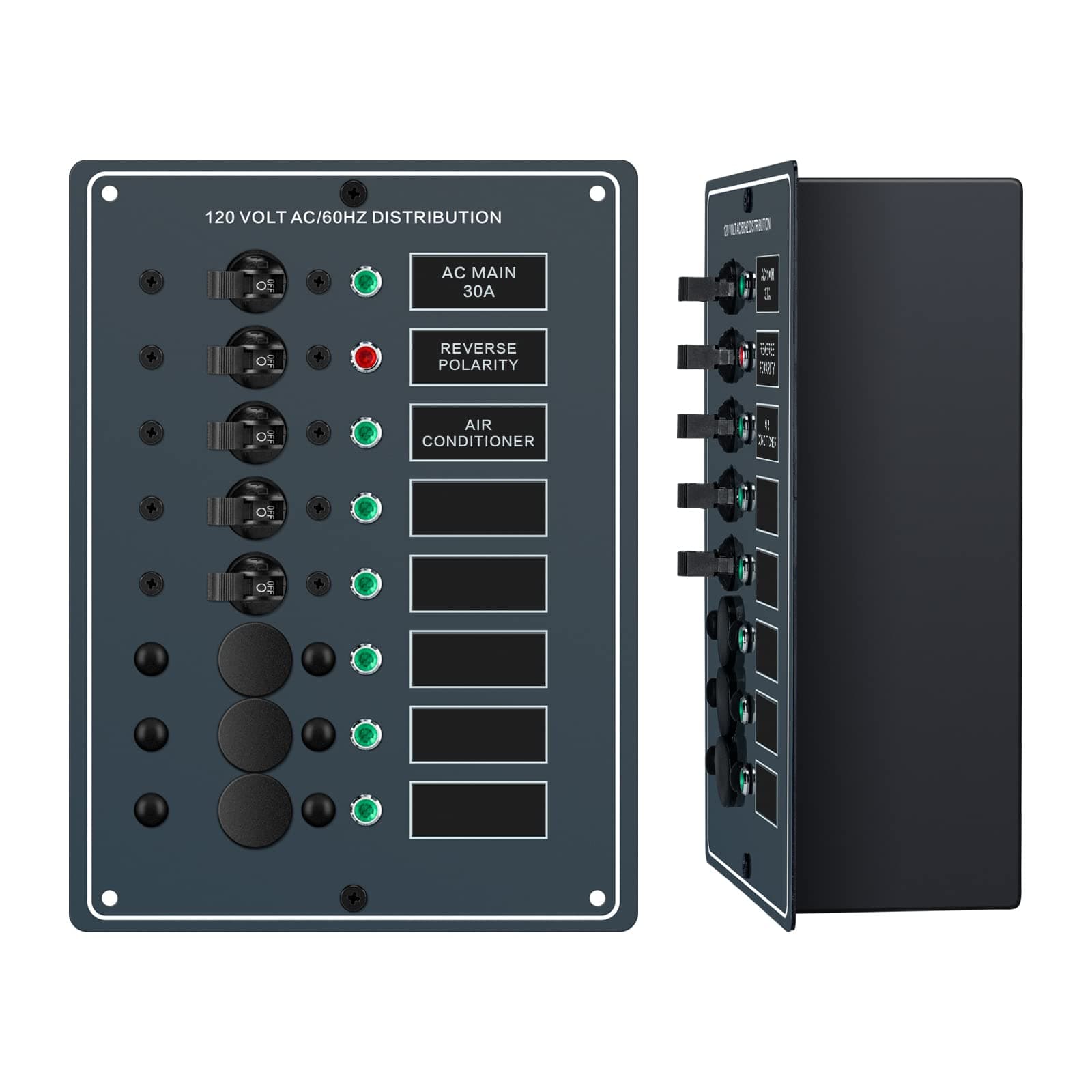 AC Main 6 Positions Circuit Breaker Panel with Red Reverse Polarity LED Indicator, Included Free AC Isolation Back Cover, Pre-Wired, Ideal for Marine RV Yacht