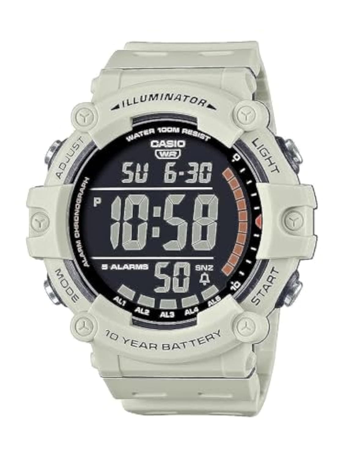 Casio Illuminator 10-Year Battery LED Back Light 5-Alarm Chronograph Digital Watch AE1500WH-8B2V, White, Chronograph,Digital