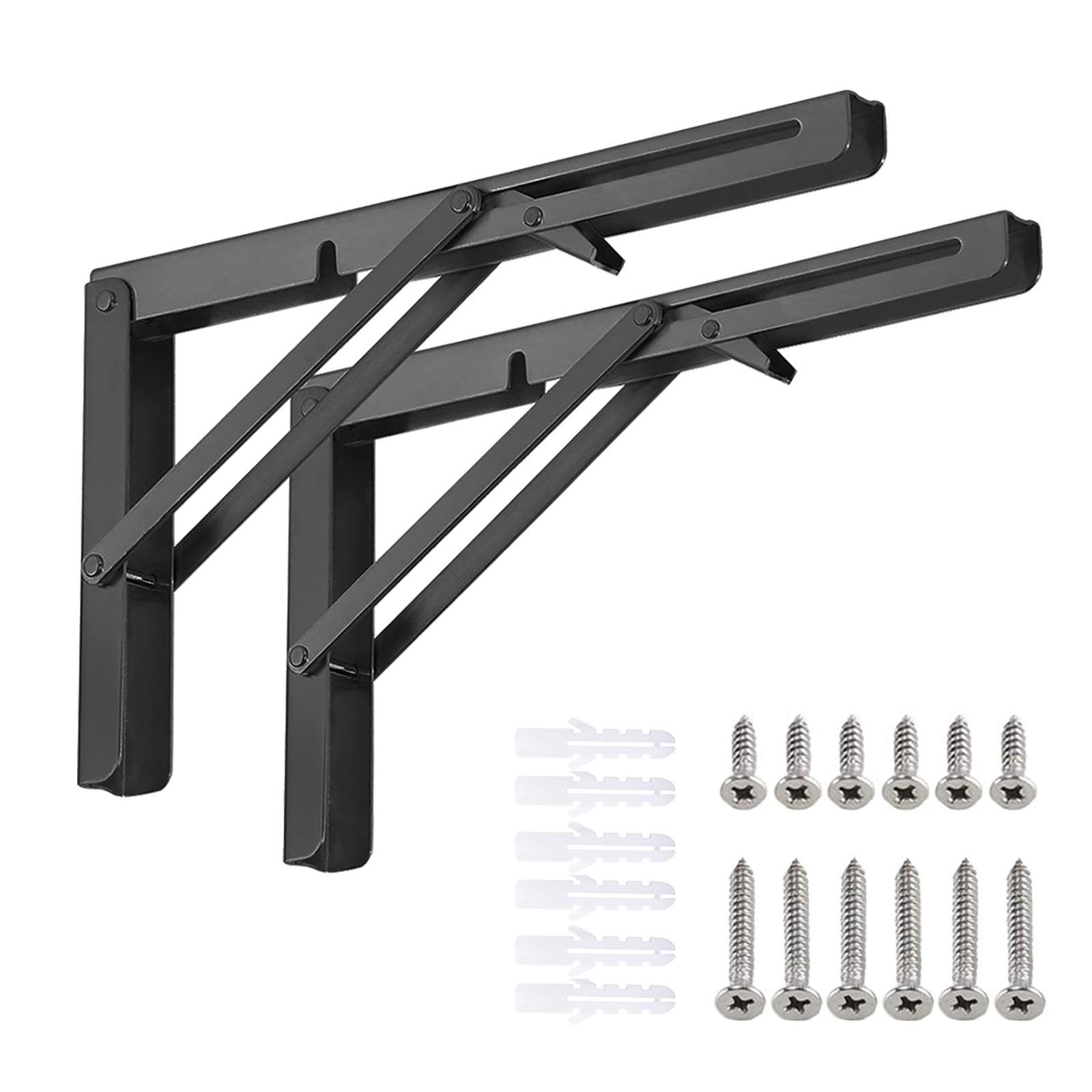 Folding Shelf Brackets, Heavy Duty Metal Triangle Shelf Bracket, DIY Wall Mounted Shelf Bracket, Max Load: 150lb, for Table Work Bench Space Saving, Black (10 Inch, 2)