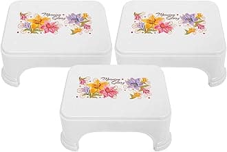 Floral Print 3 Pieces Plastic Bathroom Stool, Adults Simple Style Stool Anti-Slip with Strong Bearing Stool for Home, Office, Kindergarten, White-KUBMART10873