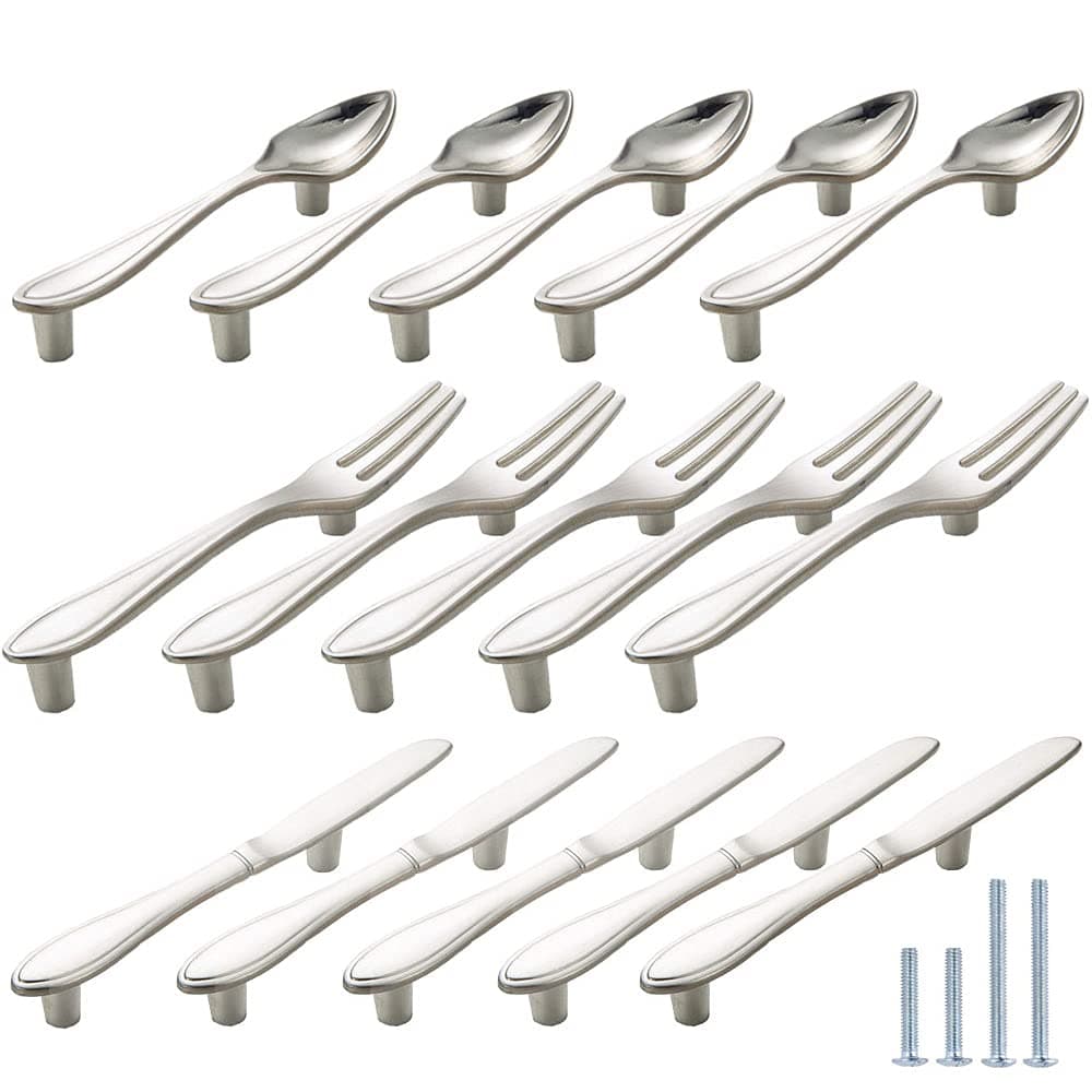 CENDGOOD AchNau Cabinet Door Pulls Tableware Handles Spoon Knife Fork Shape Kitchen Cupboard Dresser Closet Drawer Hole Center 3" Silver Pack of 15