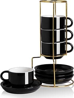 Sweejar - Porcelain Espresso Cups with Gold Stand 4 oz, Set of 4 (Black Gold Stand)