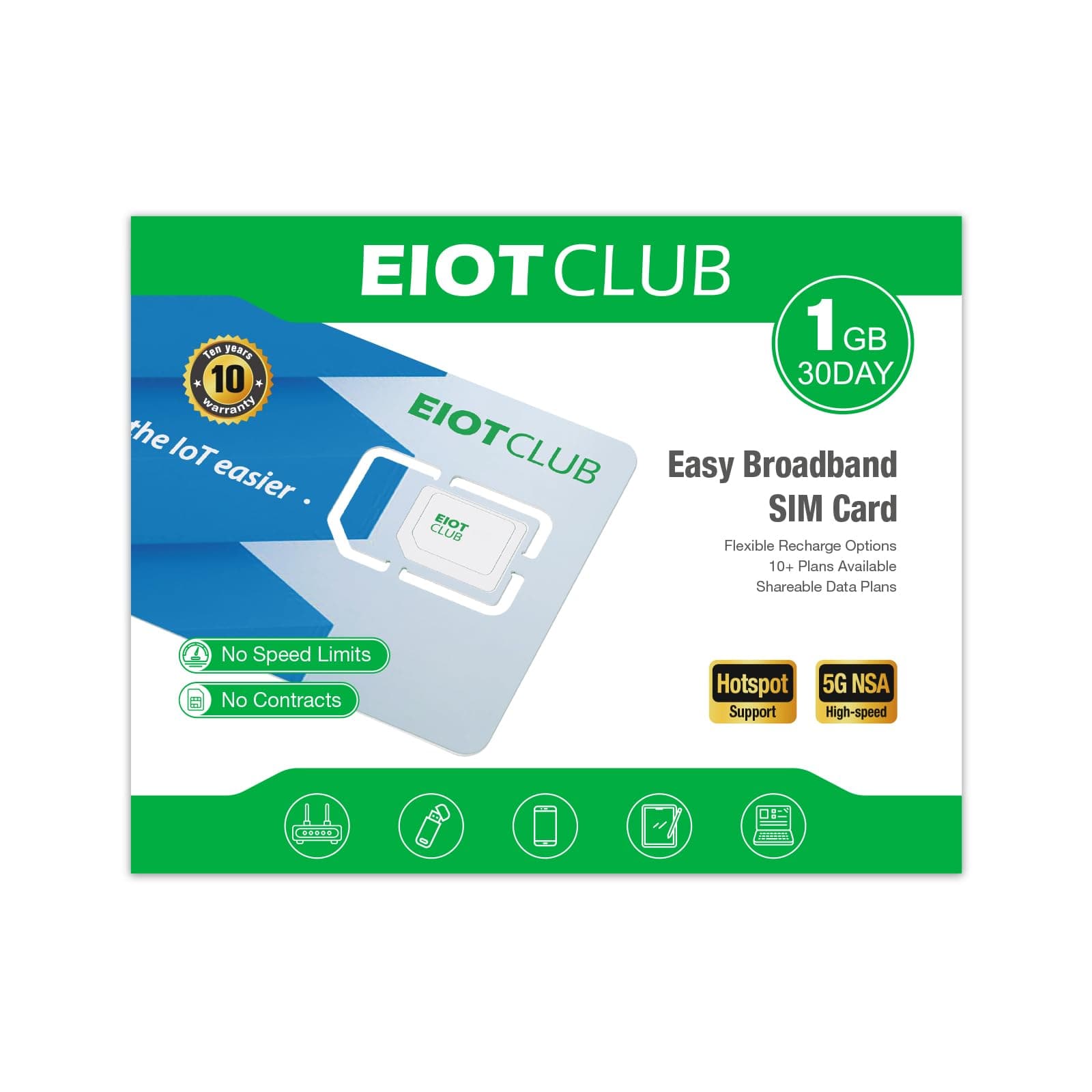 EIOTCLUB Data Only SIM Card - Ideal for Mobile WiFi Hotspots, Routers, USB Sticks, Laptops, Tablets, No Contract | 5G/4G LTE Network in USA Coverage | 3-in-1 SIM Card