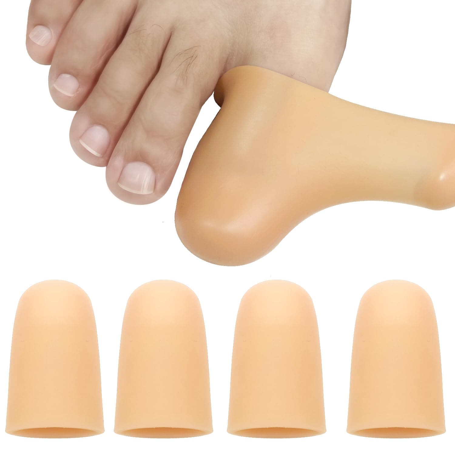 POQOD 4 Pack Gel Toe Cap and Protector for Big Toe - Cushions and Protects, Toe Covers for Women & Men, Provides Relief from Missing or Ingrown Toenails, Corns, Blisters, Hammer Toes (Large, Beige)