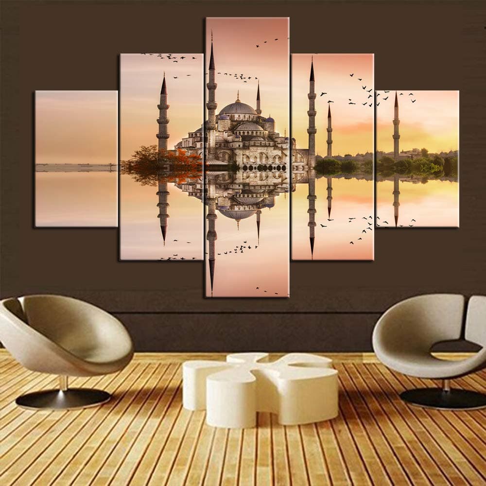 Islamic Paintings Mosque Pictures 5 Pcs/Multi Panel Wall Art Istanbul Religion Canvas Muslim Cultural Home Decor for Living Room,Artwork Giclee Wooden Framed Stretched Ready to Hang(60''Wx40''H)