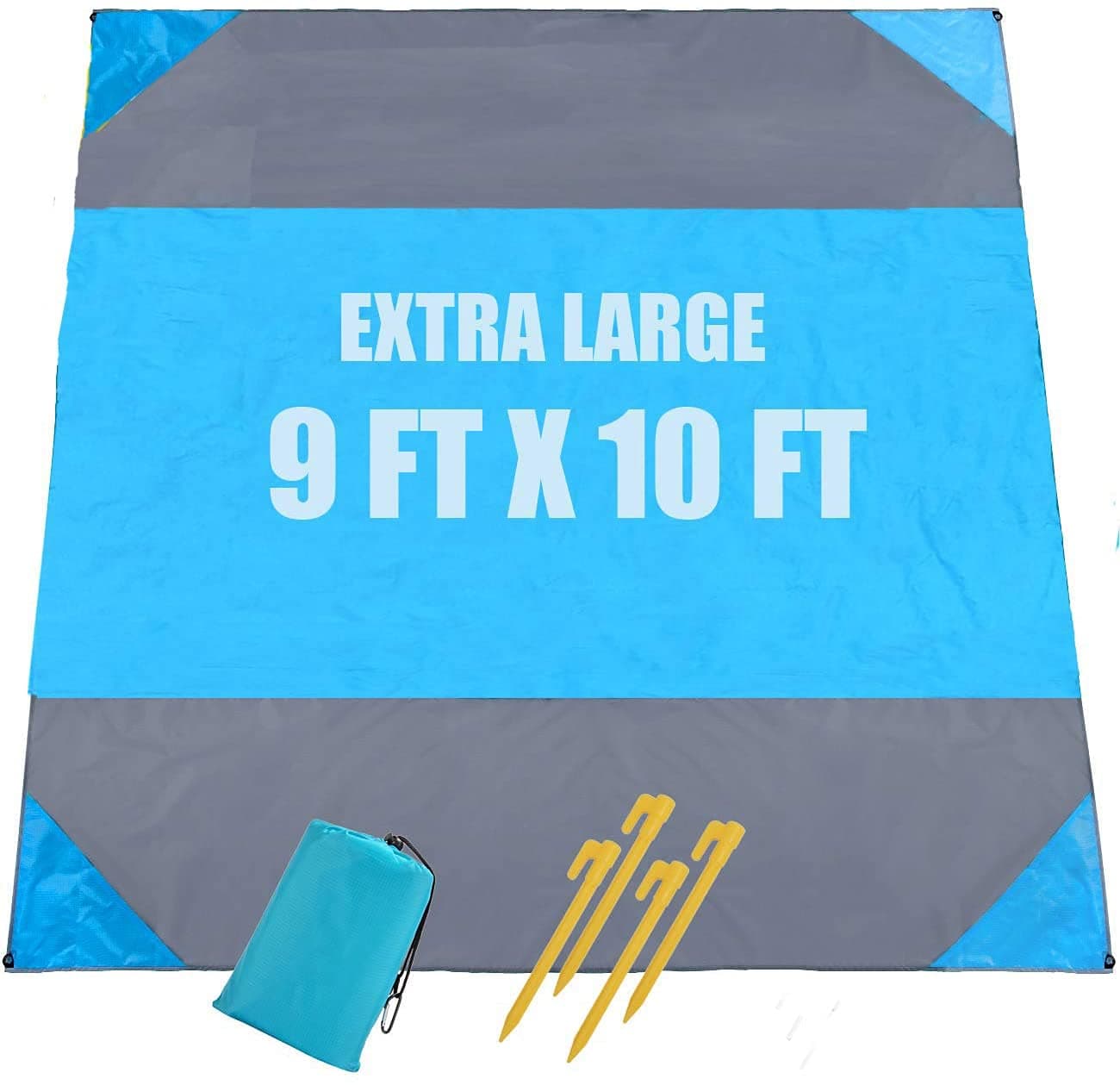 Beach Blanket Oversized 10'X 9' Sandproof Beach Mat Beach Sheet Waterproof Sand Mat with Stakes Lightweight Family Mat for Picnic,Camping,Festival, Beach and Outdoor Activities