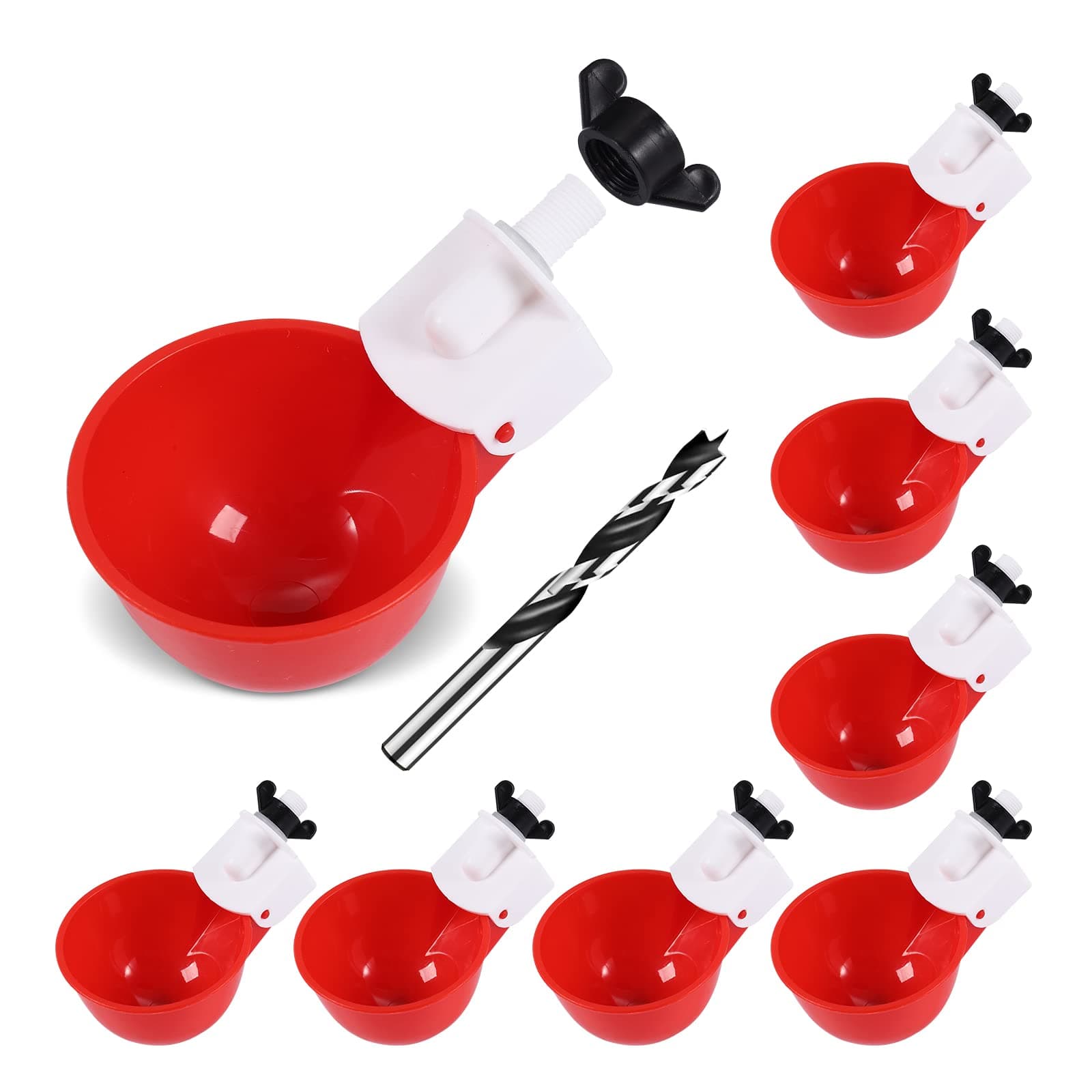 Chicken Waterer Cups (8 Pack/Red) - DIY Automatic Large Chicken Water Feeder for Ducks,Chicks, Turkeys, Quail, Bunny, Bird and Other Various Poultry Dispenser with Matching Drill