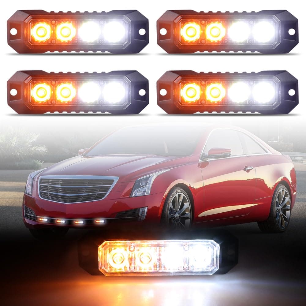 4-LED Surface Mount Strobe Lights for Trucks Car Vehicle Mini Grille Flashing Light Head Emergency Hazard Warning Grill Lamp Ultra Slim 4pcs Sync Feature (Amber&White)