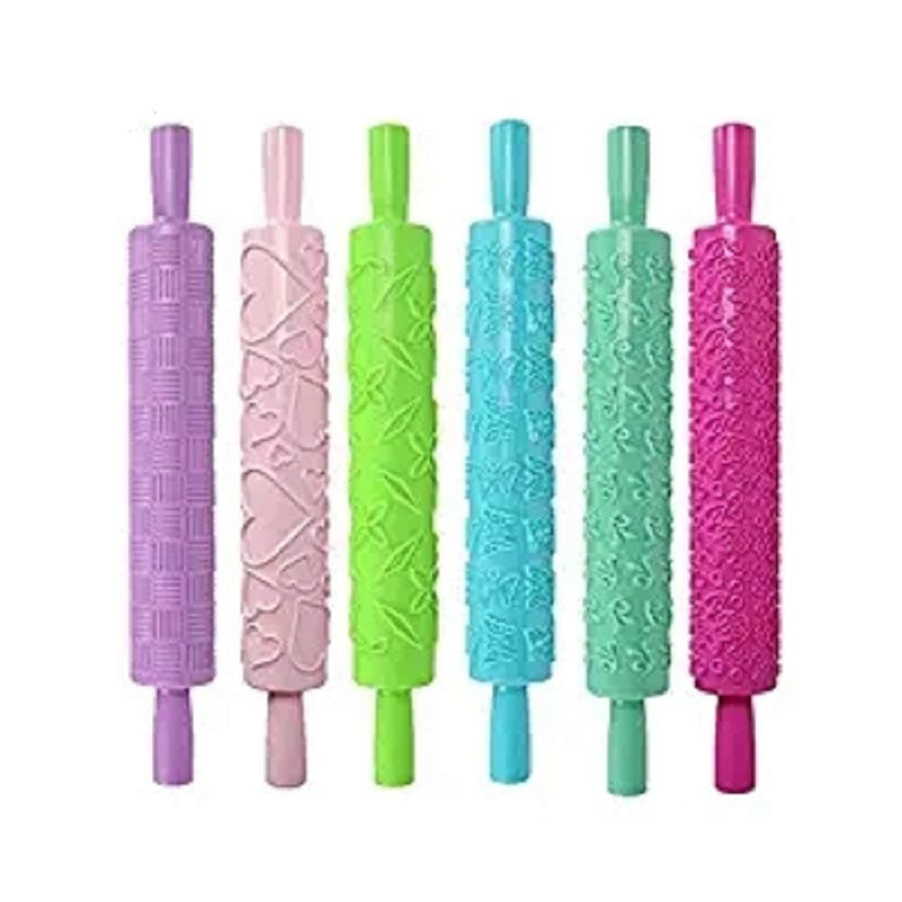 6 Pack Decorating Embossed Rolling Pin with Rose Flower Hearts Patterns for Baking Cookies Fondant
