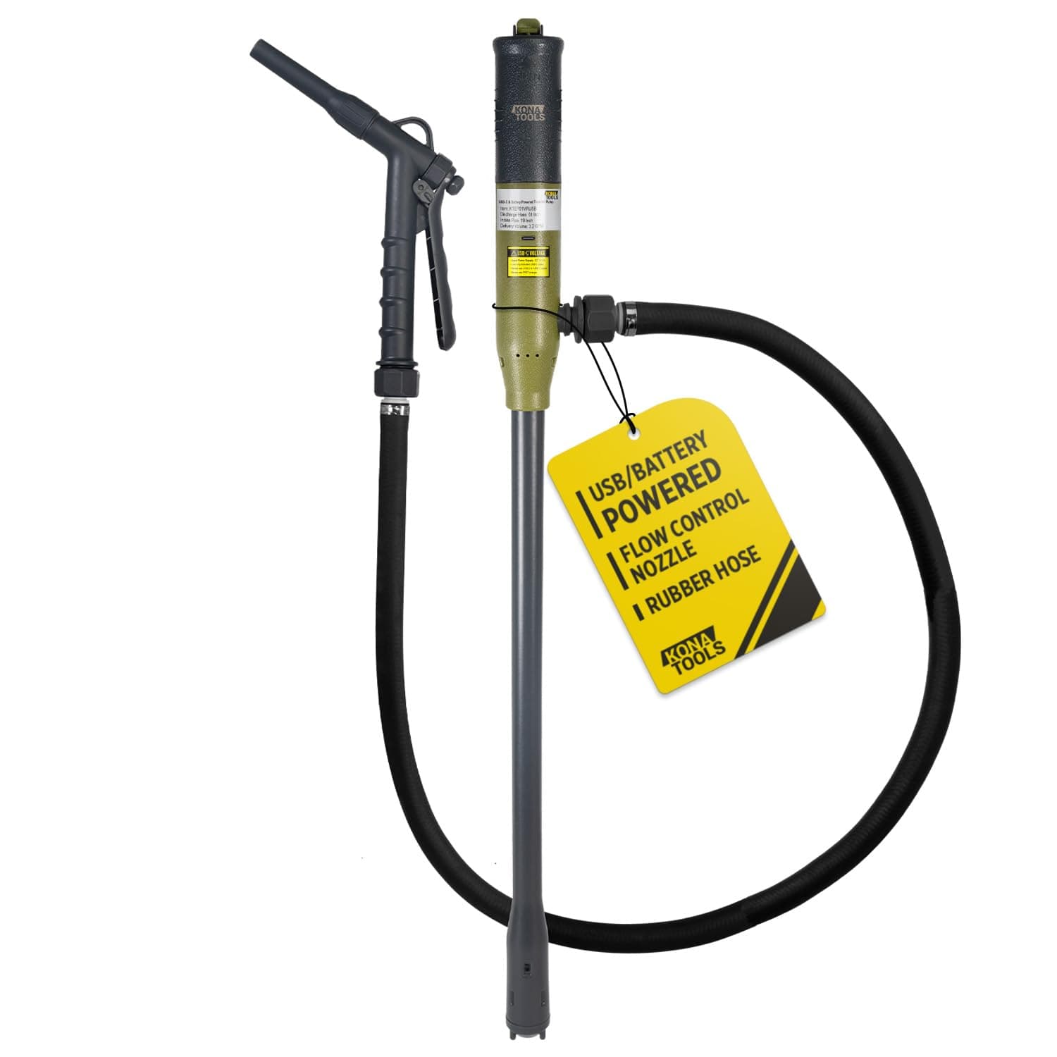 Portable Fuel Transfer Pump w/Rubber Hose KTEP01MRUSB – Battery & USB-C Powered | Safety Nozzle, Heavy Duty 4.3ft Hose | Transfers Gas, Diesel, DEF, Water | Fits 3–20 Gallon Barrels