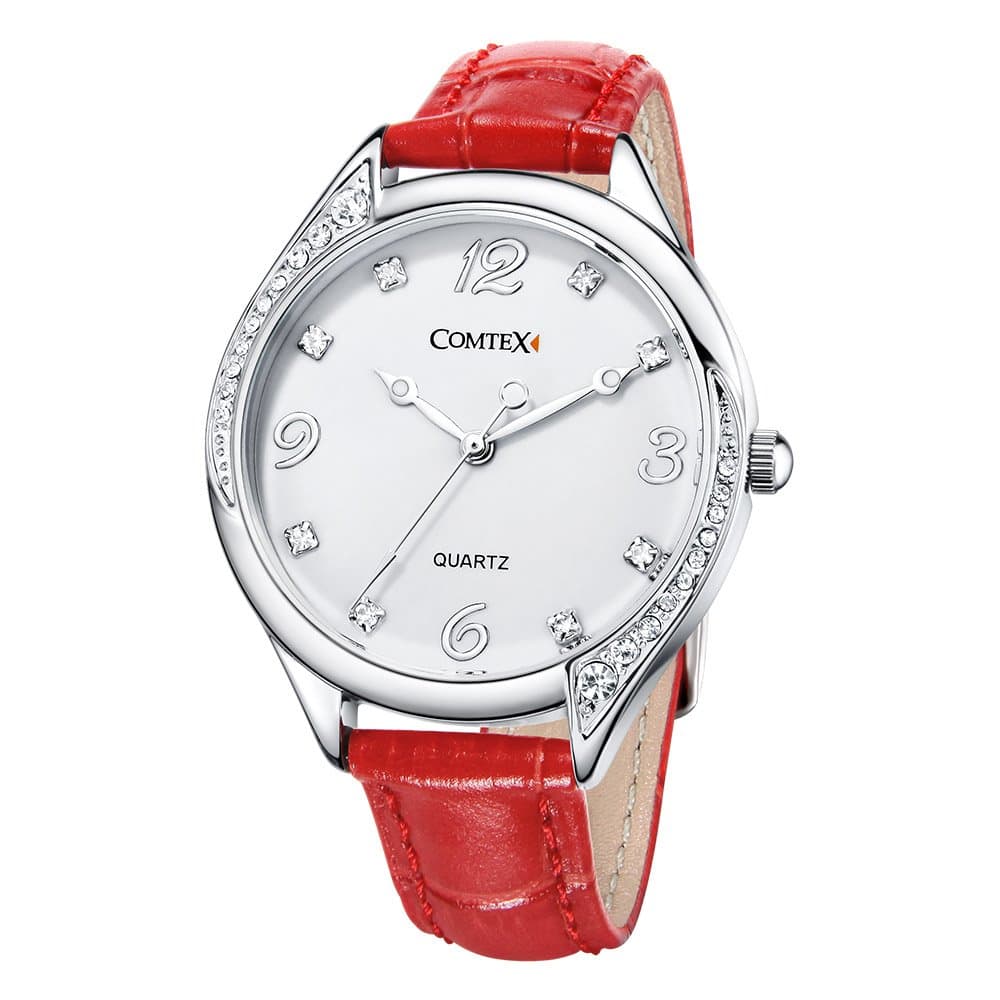 COMTEX Women's Wrist Watch Analog Quartz with Red Leather Strap and Crystal Dial 30M Waterproof Classic Daily Basis Style Bigger Face Simple Easy to Read Watch Large Numbers