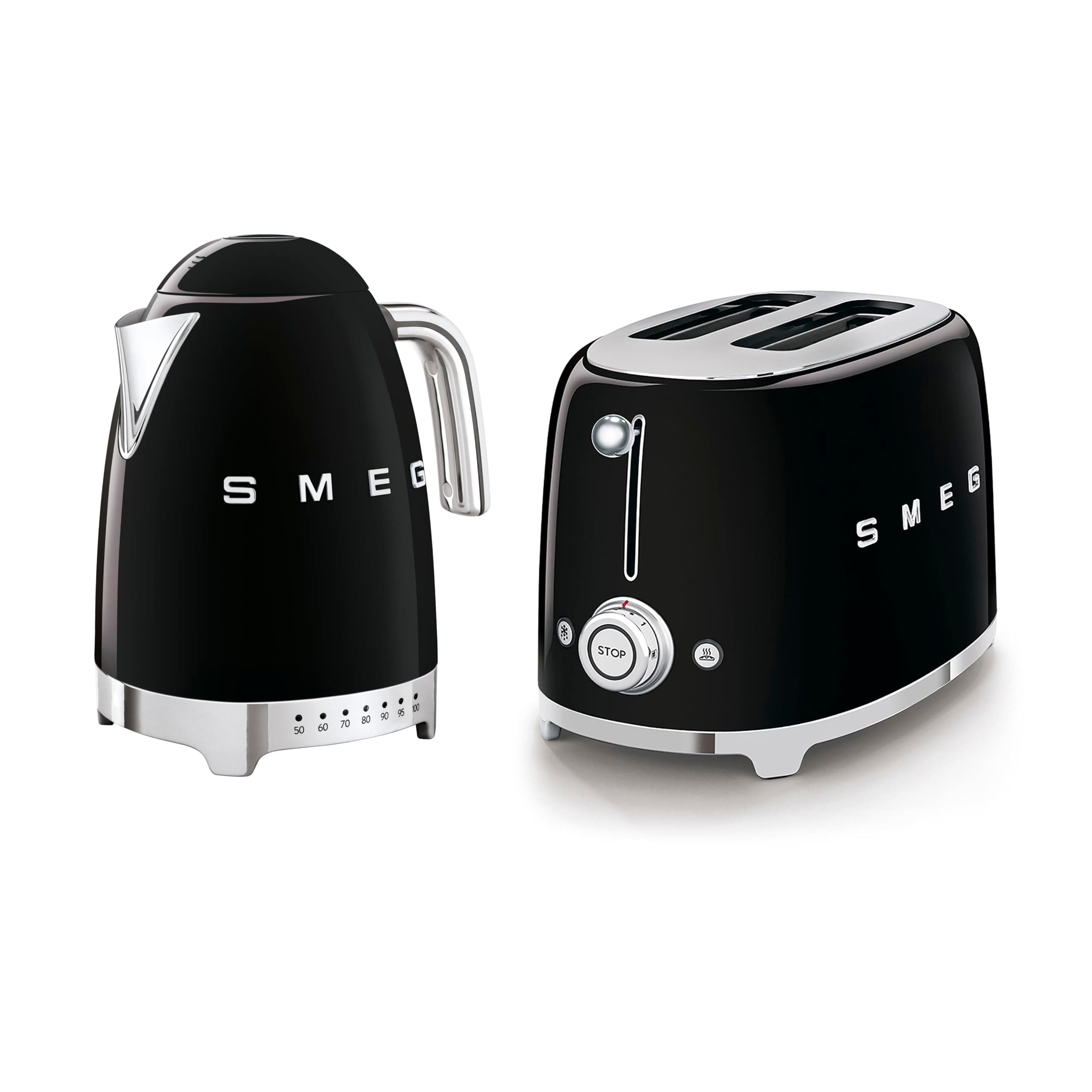 50’s Style Retro Range Breakfast Set, 1.7L 3000W Variable Temperature Kettle and Multi-Functional Control 2-Slice 950W Toaster, Black, KLF04BLUK/ TSF01BLUK