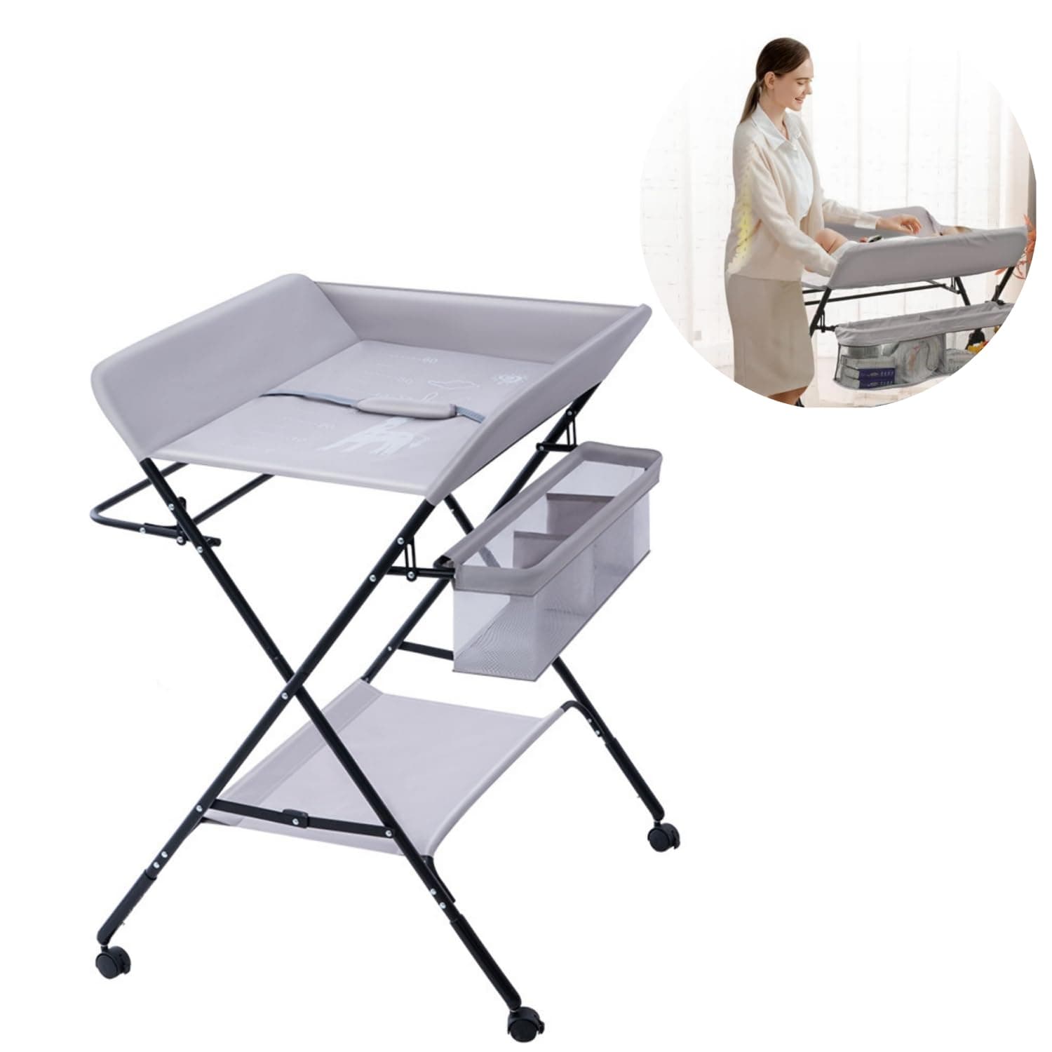Portable Baby Changing Table Dresser, Foldable Changing Table with Wheels, Bottom Rack, Side Basket and Clothes Rail, Newborns & Infant Care Massage (Grey)