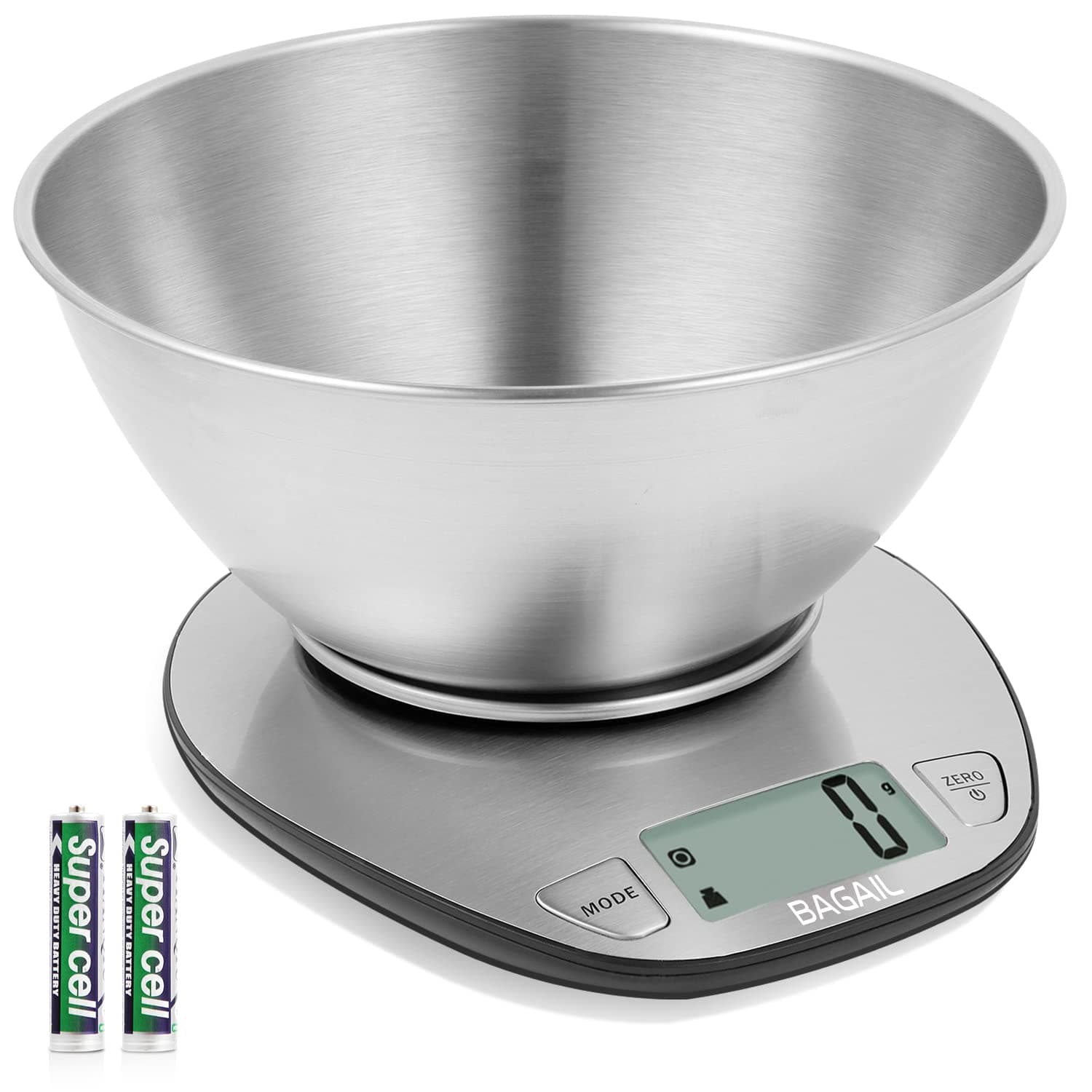 BAGAIL BASICS Digital Kitchen Scale, Large Clear Display, Wet and Dry Food Scale with Stainless Steel Mixing Bowl - 11 lb