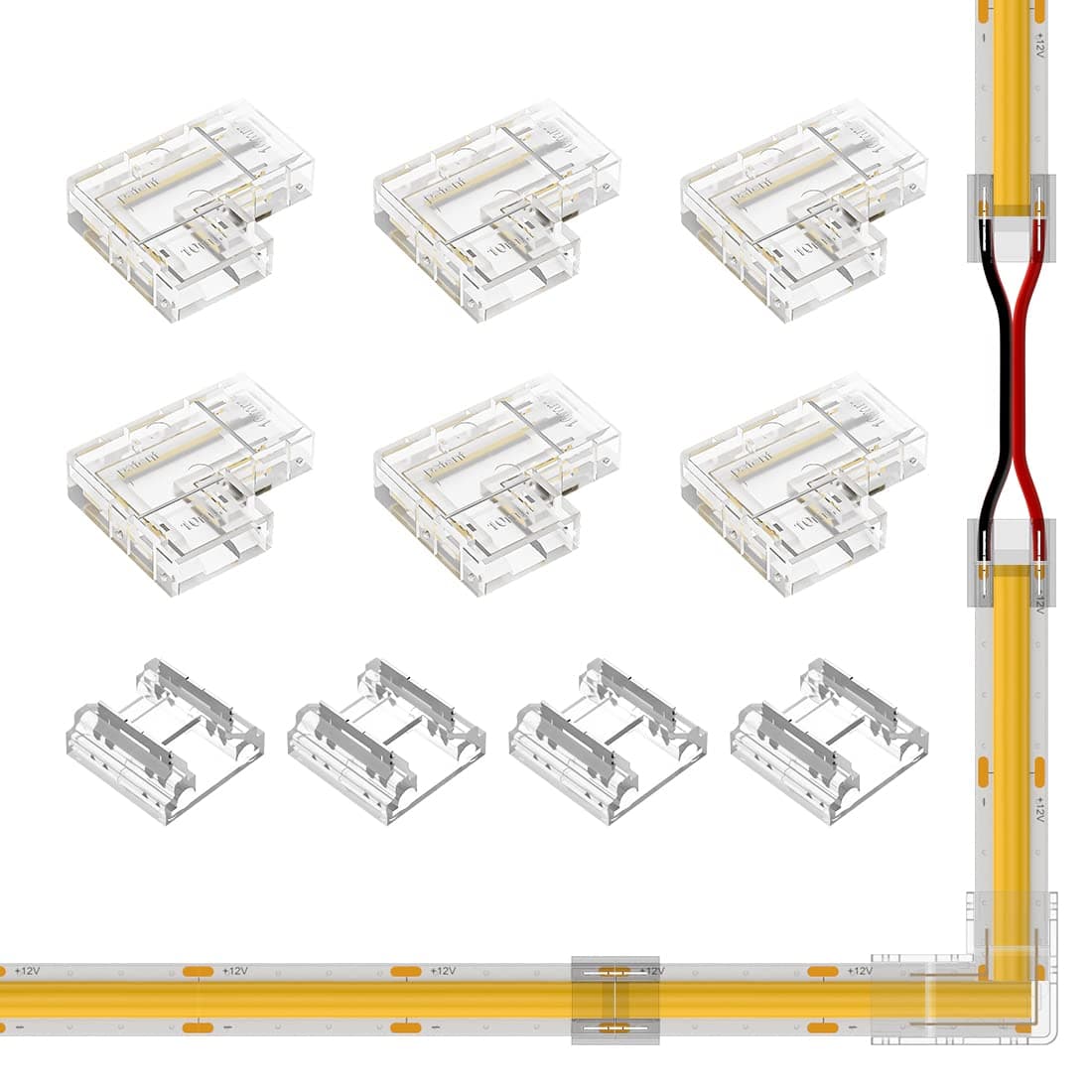 COB 8mm/0.31in Width LED Connector Kit 6Pcs 2 Pin Transparent Gapless L-Shaped 4Pcs 2Pin Strip to Strip Connectors for FCOB PWM Single Color +V -V LED Lights