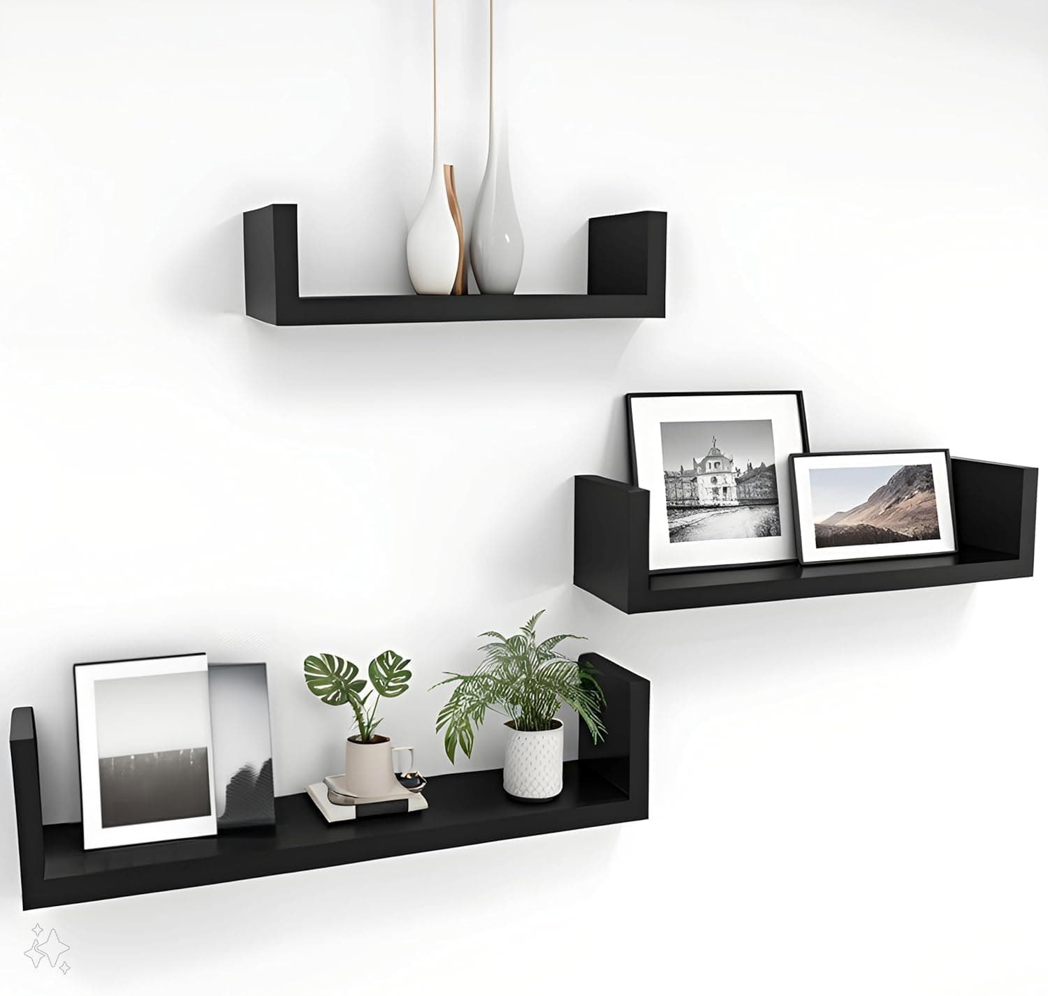 Dime Store Engineered Wood Glossy Wall Mount Floating Hanging Shelf for Room Wall and Home Decor Items and Storage Organizer (Standard, Black), Set of 1