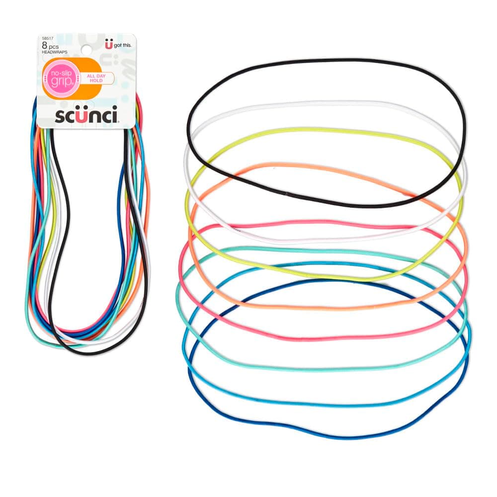 Scunci No-Slip Grip Flat Bright Headwraps, Thin Elastic Headwraps in Bright Colors, 8 Pack