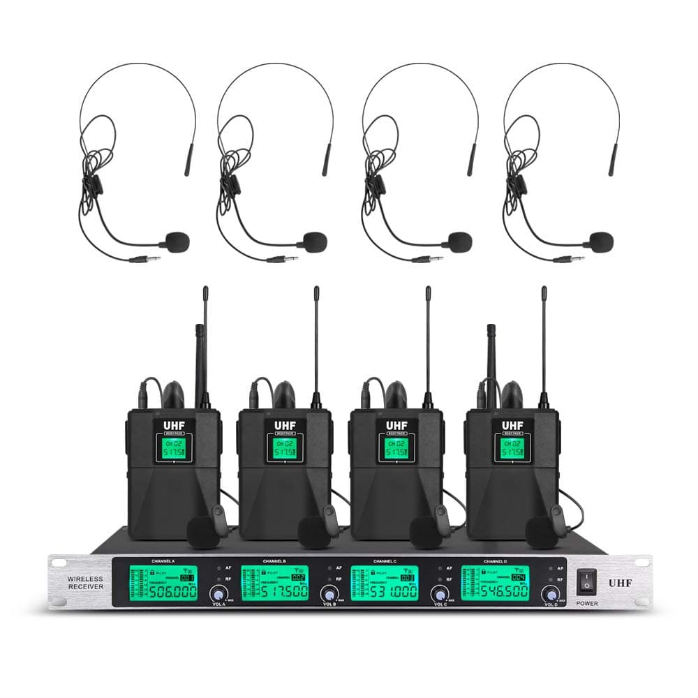 UHF 4 Channel Wireless Microphone System Pro 4 Headset & 4 Lavalier Lapel Mic 4 Bodypacks Dynamic Mics with New FCC Frequency for Conference Meeting Speech Karaoke Party Wedding Church