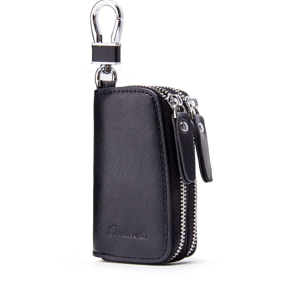 Car Key Case Small Leather Double Zipper Key Holder with 4 Keyrings Keys Organizer for Men Women