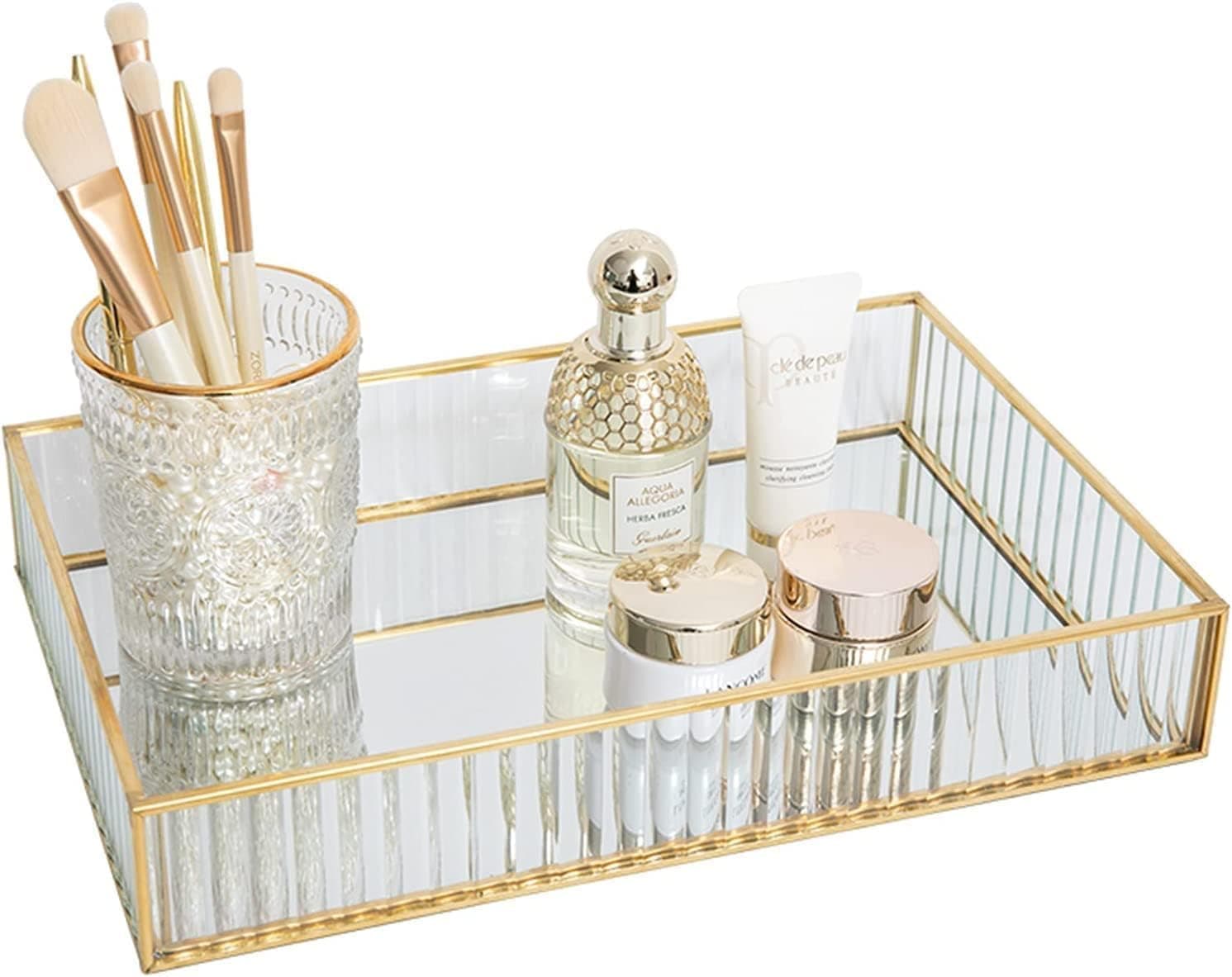 Striped Glass Storage Tray, Rectangle Dressing Table Makeup Tray with Gold Wire, Jewelry Perfume Organizer for Vanity, Dresser, Bathroom, Bedroom (L)