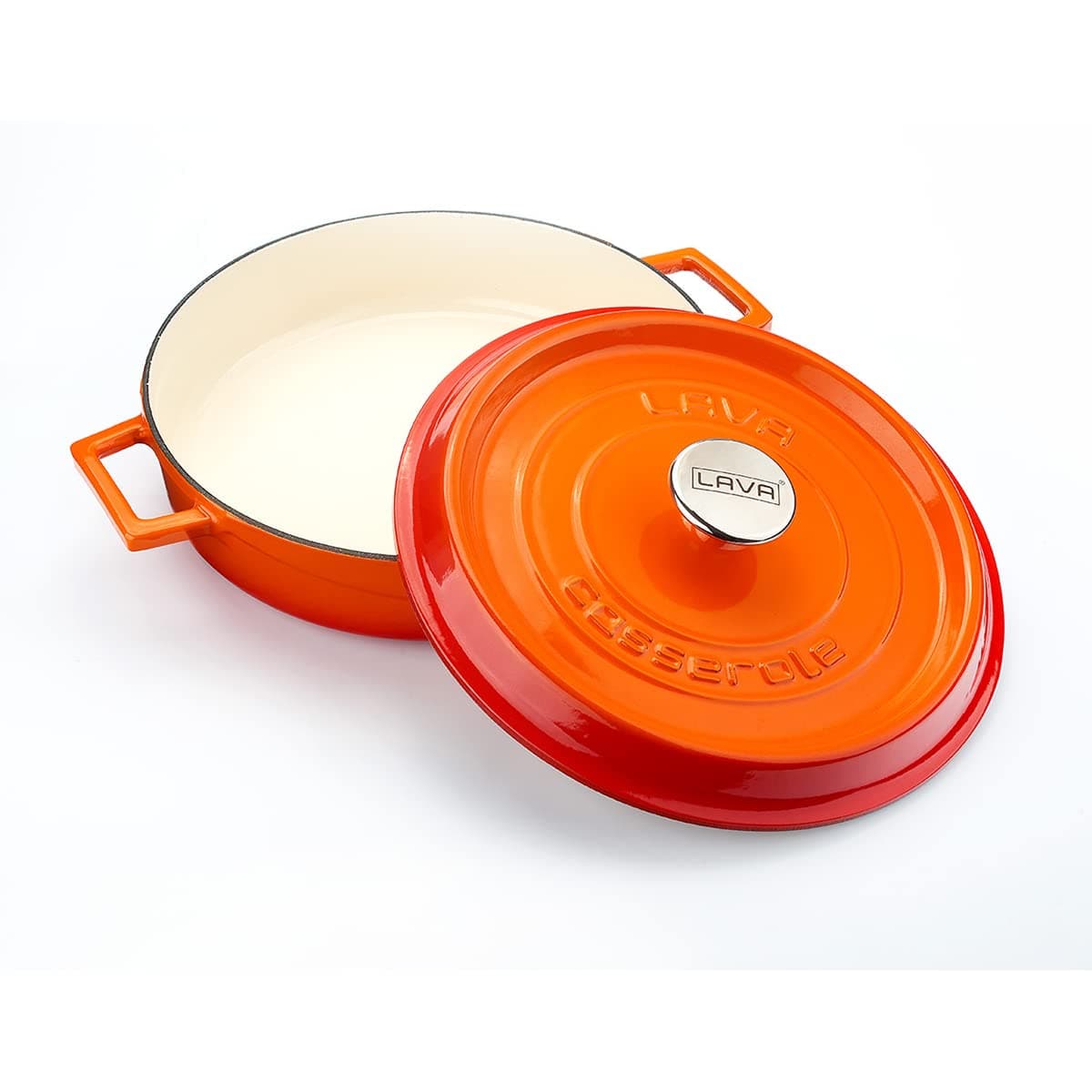 3.7 Quart Enameled Cast Iron Braiser: Multipurpose Stylish Orange Round Dutch Oven Pot with Glossy Sand-Colored Three Layers of Enamel Coated Interior and Trendy Lid