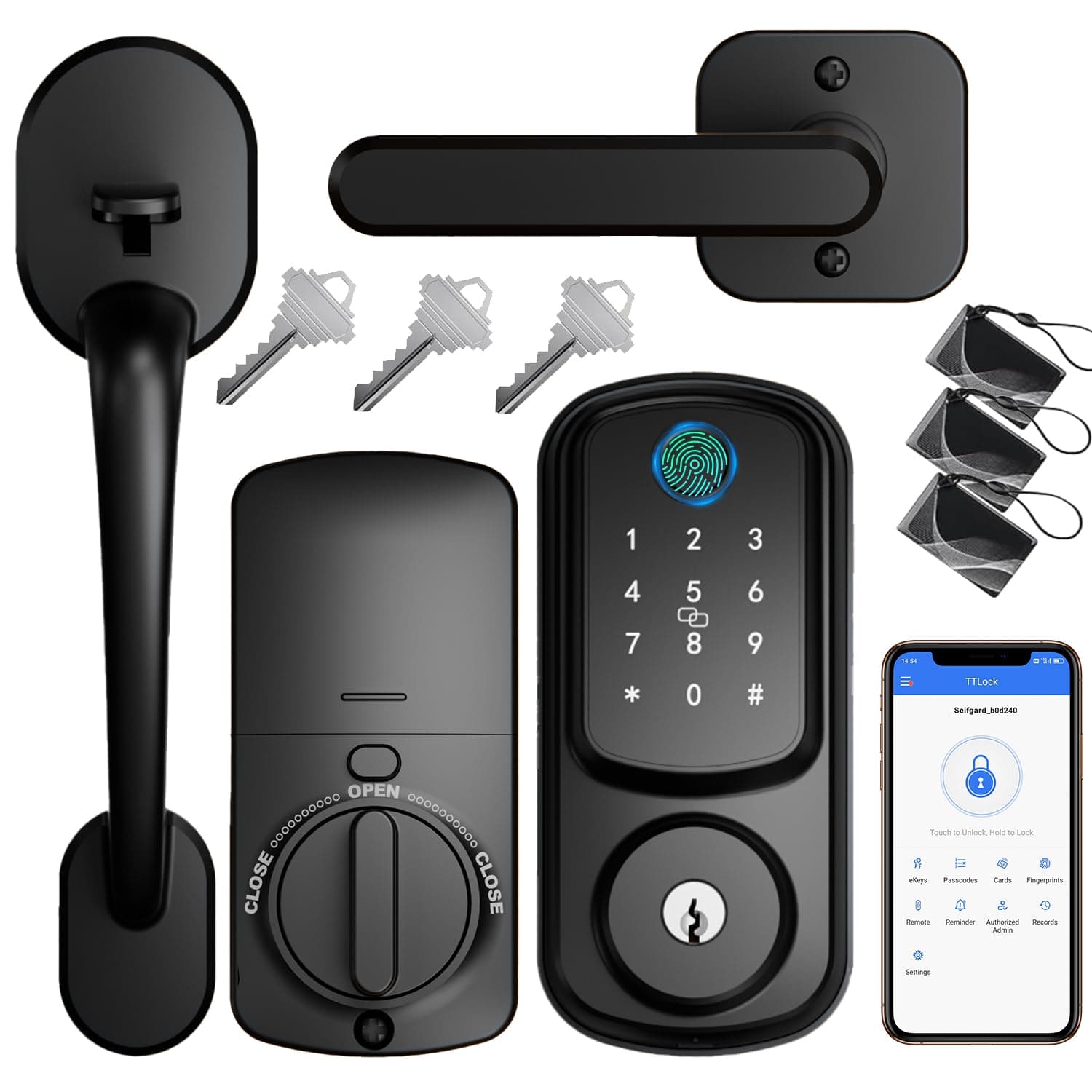 Keyless Entry Door Lock with Handle Set, Keyless Entry Deadbolt with Handle Set, Smart Locks for Front Door Alexa Fingerprint Auto Lock, Black