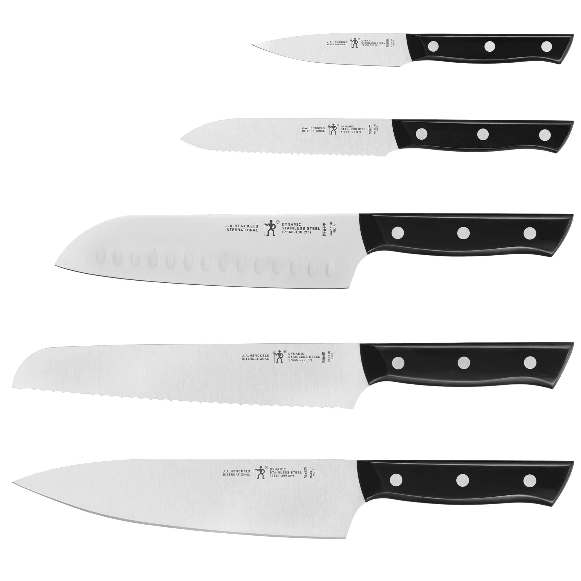 Dynamic 5 pc Razor-Sharp Kitchen Knife Set, 8-inch Chef’s Knife, 8-inch Bread Knife, 7-In Santoku Knife, 5-In Serrated Utility, 4-In Paring Knife