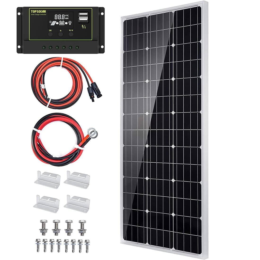 Solar Panel Kit 100 Watt 12 Volt Monocrystalline Off Grid System for Homes RV Boat + 30A 12V/24V Solar Charge Controller +Solar Cables + Z-Bracket for Mounting