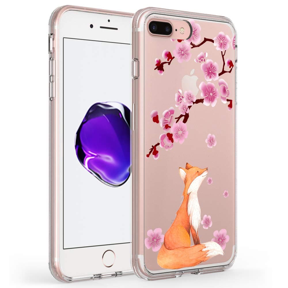 Ftonglogy Compatible with iPhone 7 Plus/8 Plus Case Clear Flower Design Air Buffer TPU Bumper +PC Shockproof Slim Women Girls Pink Fox Cherry Blossoms Pattern Protective Phone Cover