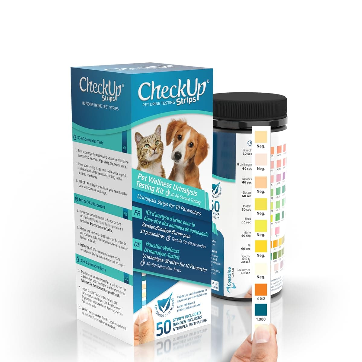 CheckUp 10 Parameters Urine Testing Strips for Cats and Dogs x 50 - Detects Urobilinogen, Glucose, Bilirubin, Ketone, Specific Gravity, Blood, pH, Protein, Nitrite, Leukocytes