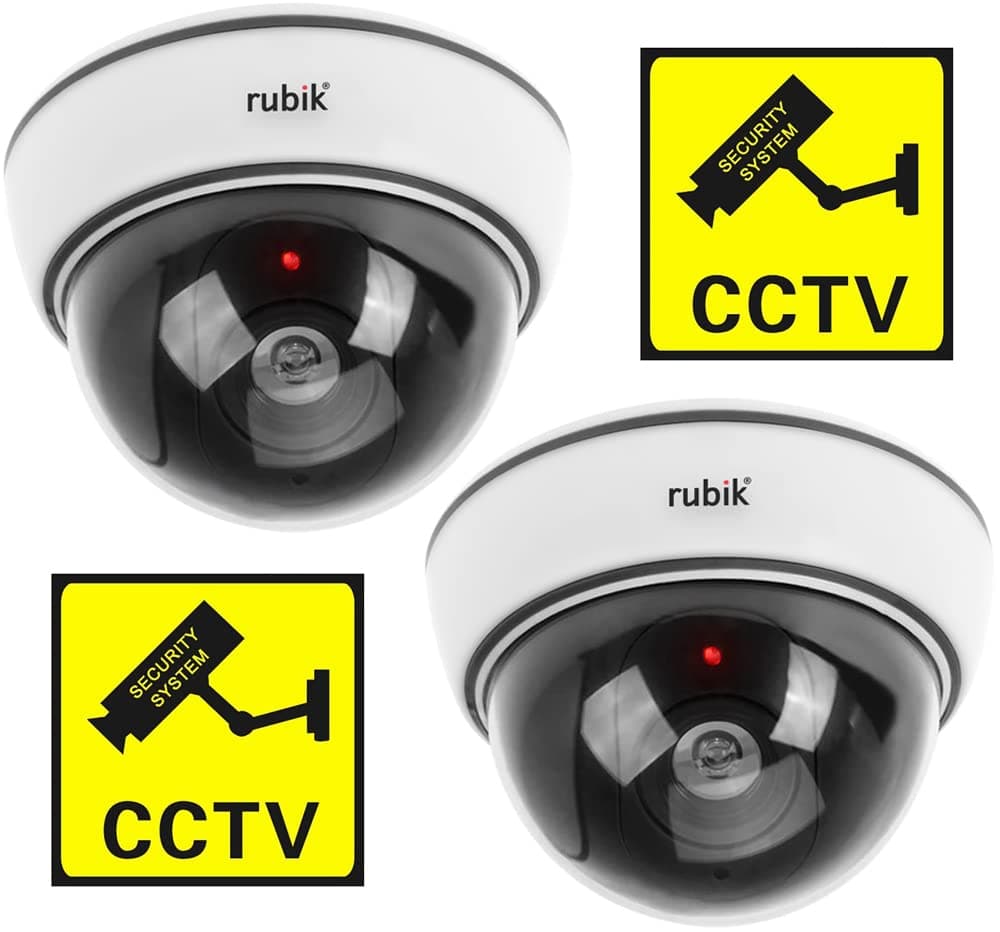 Rubik 2pc Dummy CCTV Camera with Flashing LED Light and CCTV Sticker Sign, Fake Surveillance Camera Security Indoor Dome Camera with LED Light (White)