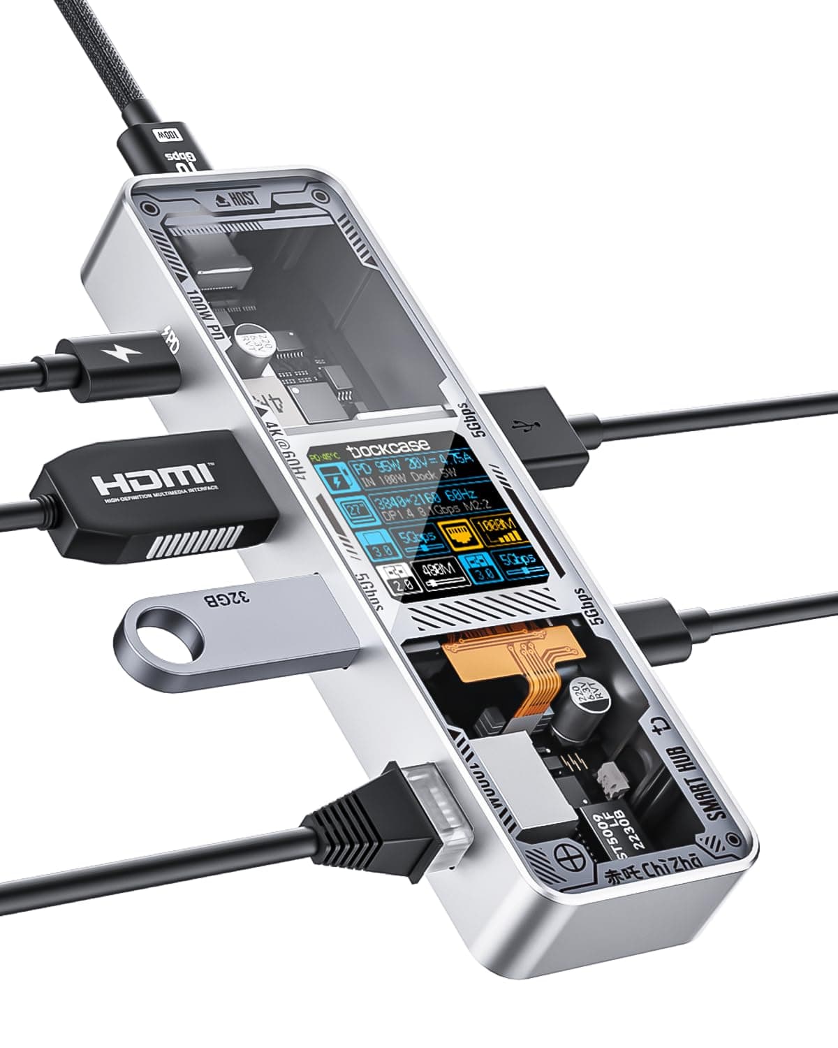 DOCKCASE Explorer Edition Visual Smart USB C Hub (6-in-1) with HDMI Port 4K@60Hz,Gigabit Ethernet,USB-C and 2 USB-A 5Gbps Data Ports, 100w PD Power Delivery, for MacBook Air/Pro, XPS, and More