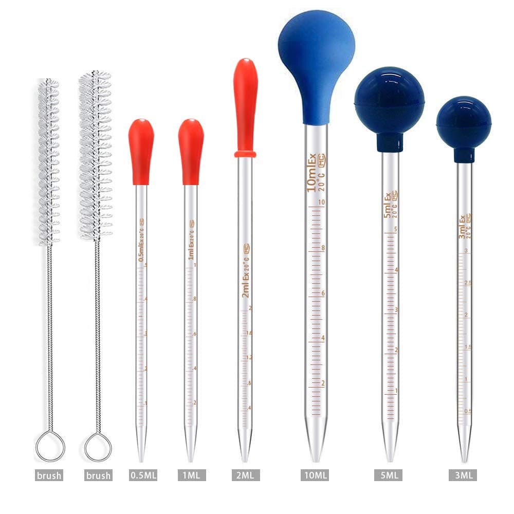 6PCS Thick Glass Graduated Dropper Pipettes Fluid and Liquid Pipettors 0.5ml 1ml 2ml 3ml 5ml 10ml with Caps and 2PCS Washing Brushes (20cm-7.8inch)