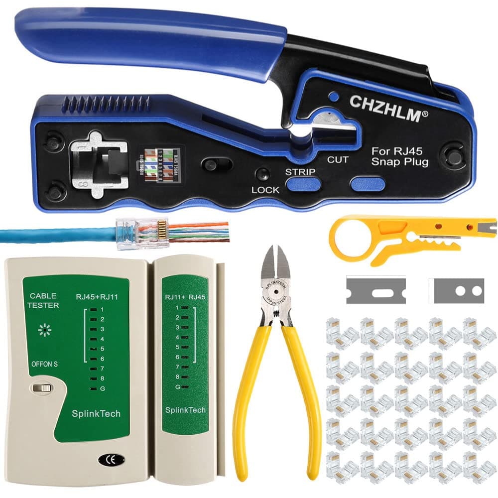 Rj45 Crimp Tool Kit Pass Through Crimping Tool Crimper Cutter for Cat6 Cat5 Cat5e with 50PCS Connectors Mini Wire Stripper Cable Tester and Plier