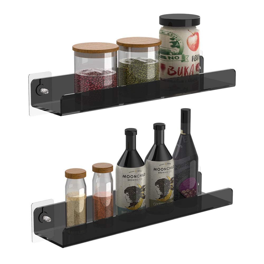Spice Rack - 16.5 inch Acrylic Kitchen Shelf Set of 2, Wall Mount Heavy Duty Spices Organizer Elegant Display Oil, Saltcellar, Pepper Shaker, Included Both Screws and No Drilling Adhesive